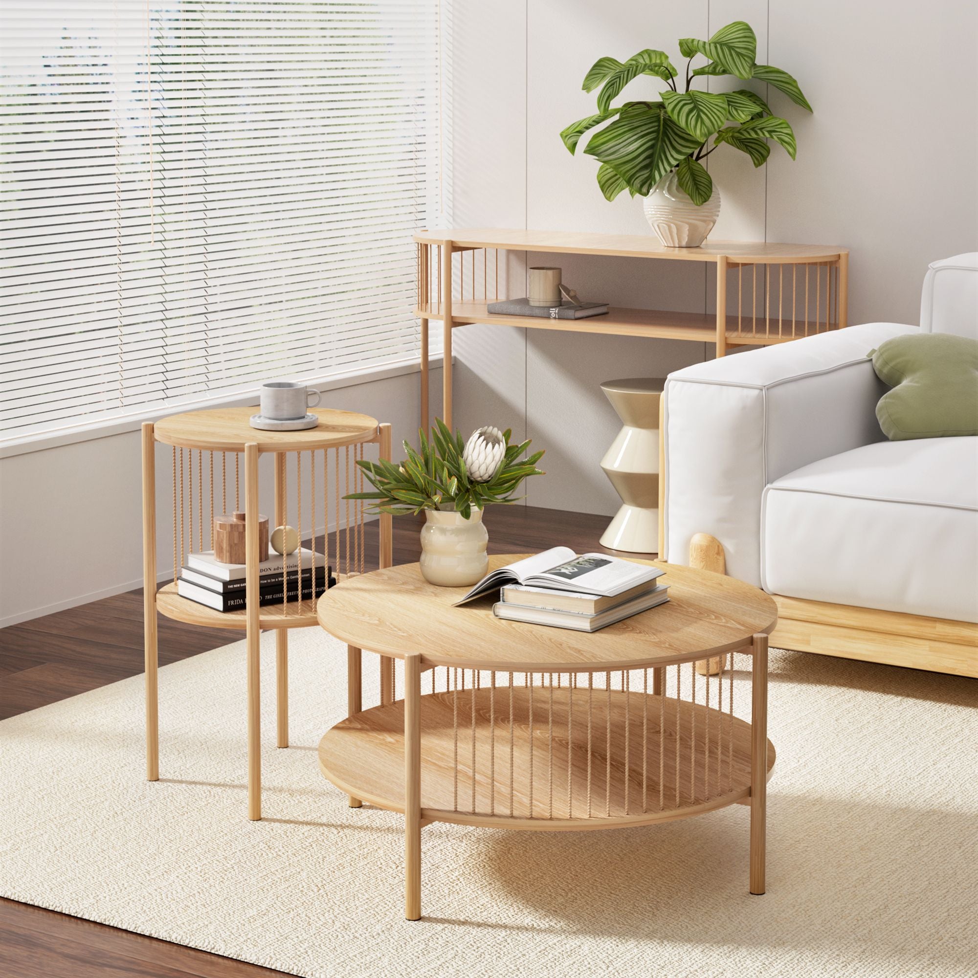 Set of 2 End Tables Coffee Table 2-Tier Round Wood