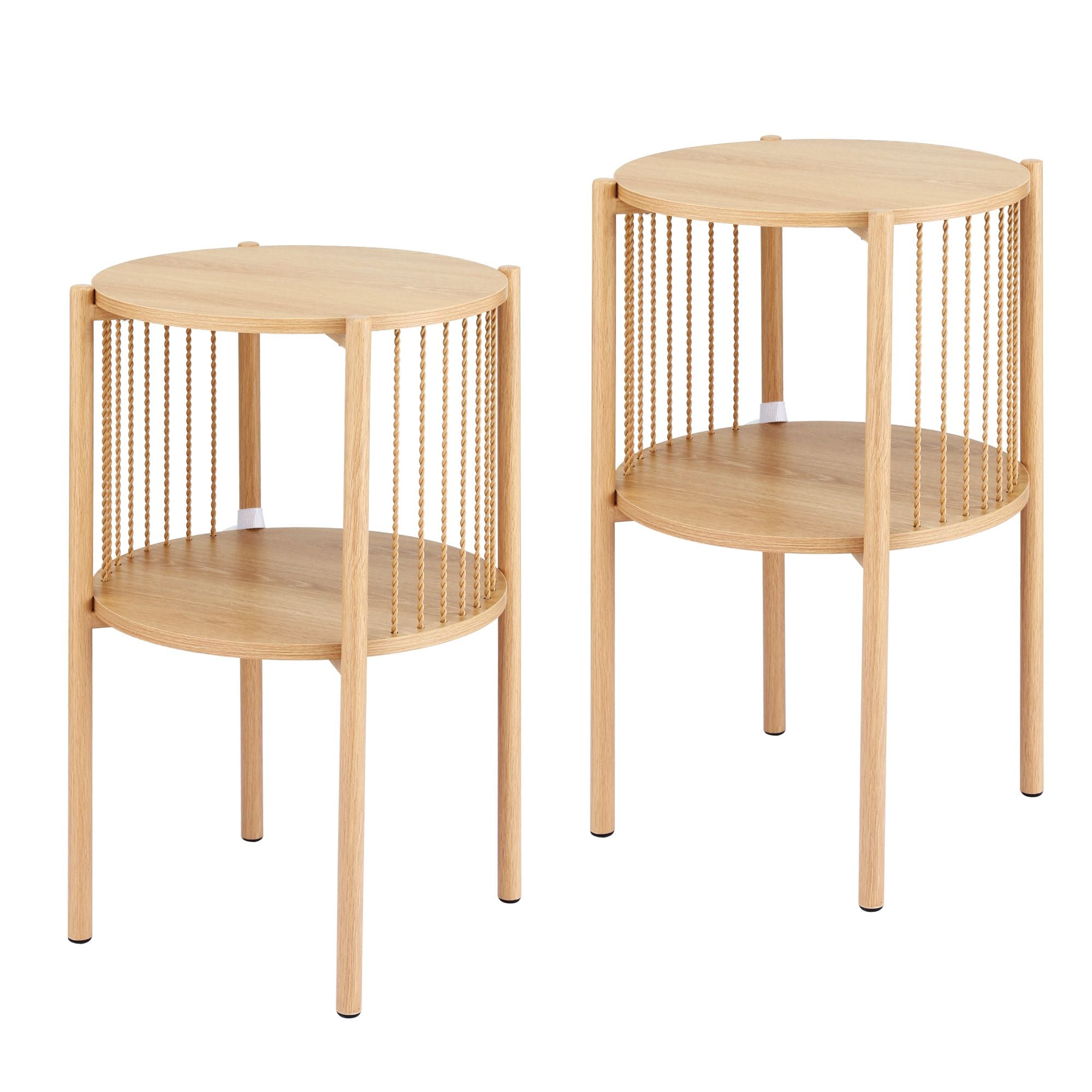 Set of 2 End Tables Coffee Table 2-Tier Round Wood