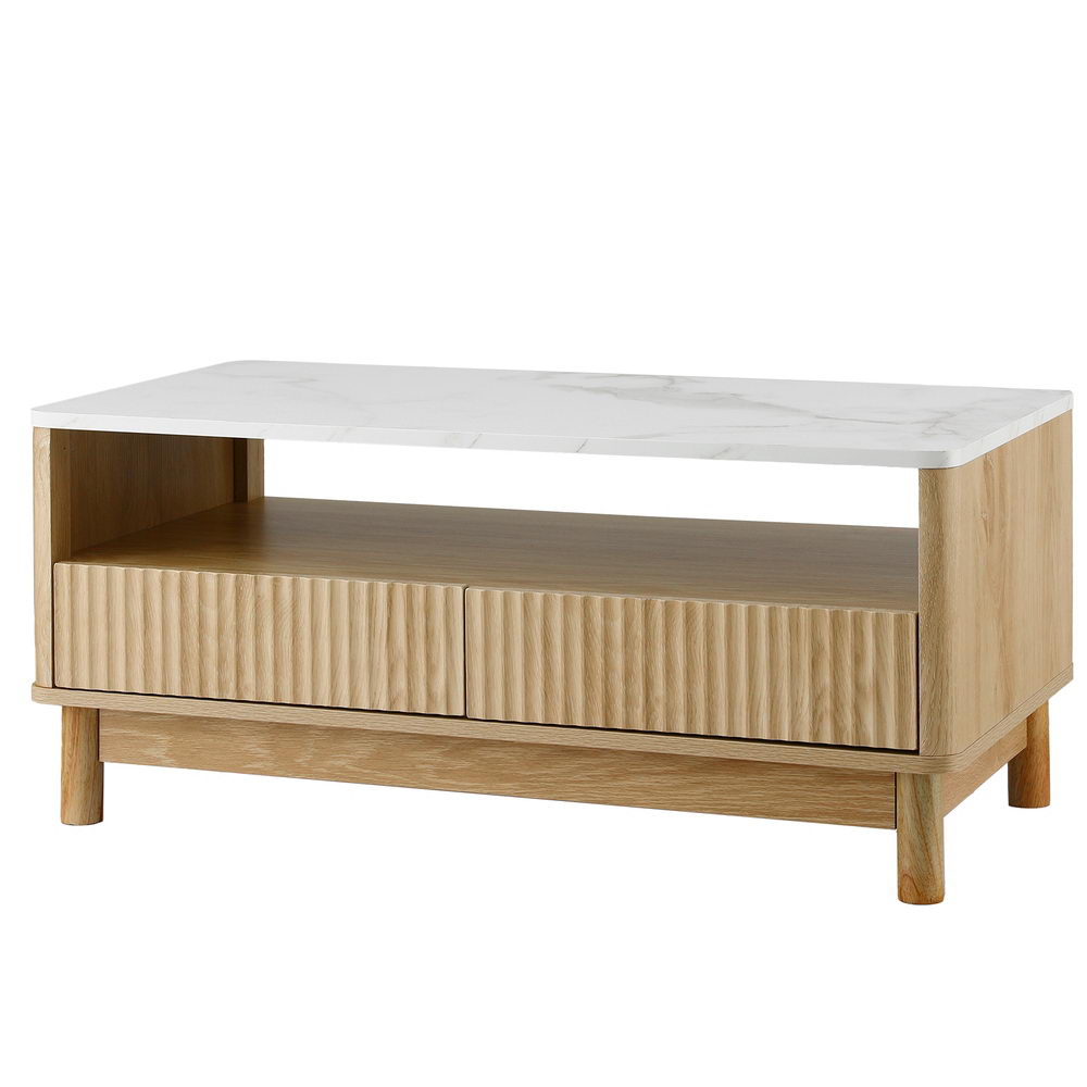 Coffee Table Drawer Shelf Marble Effect Wood&White