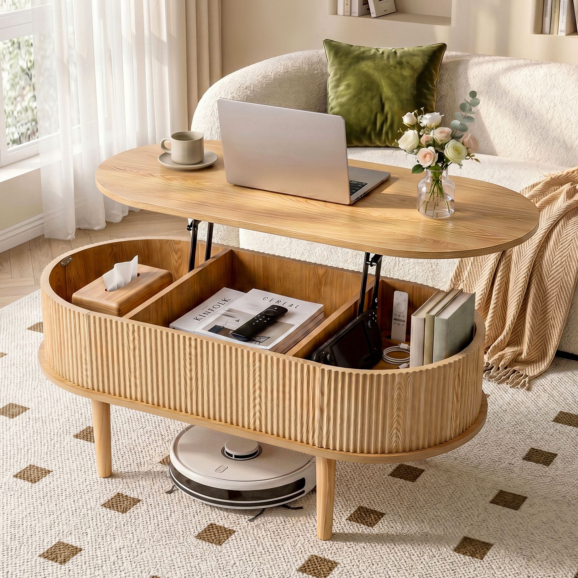 Lift Top Coffee Table Fluted Centre Table with Hidden Storage Oval 100cm