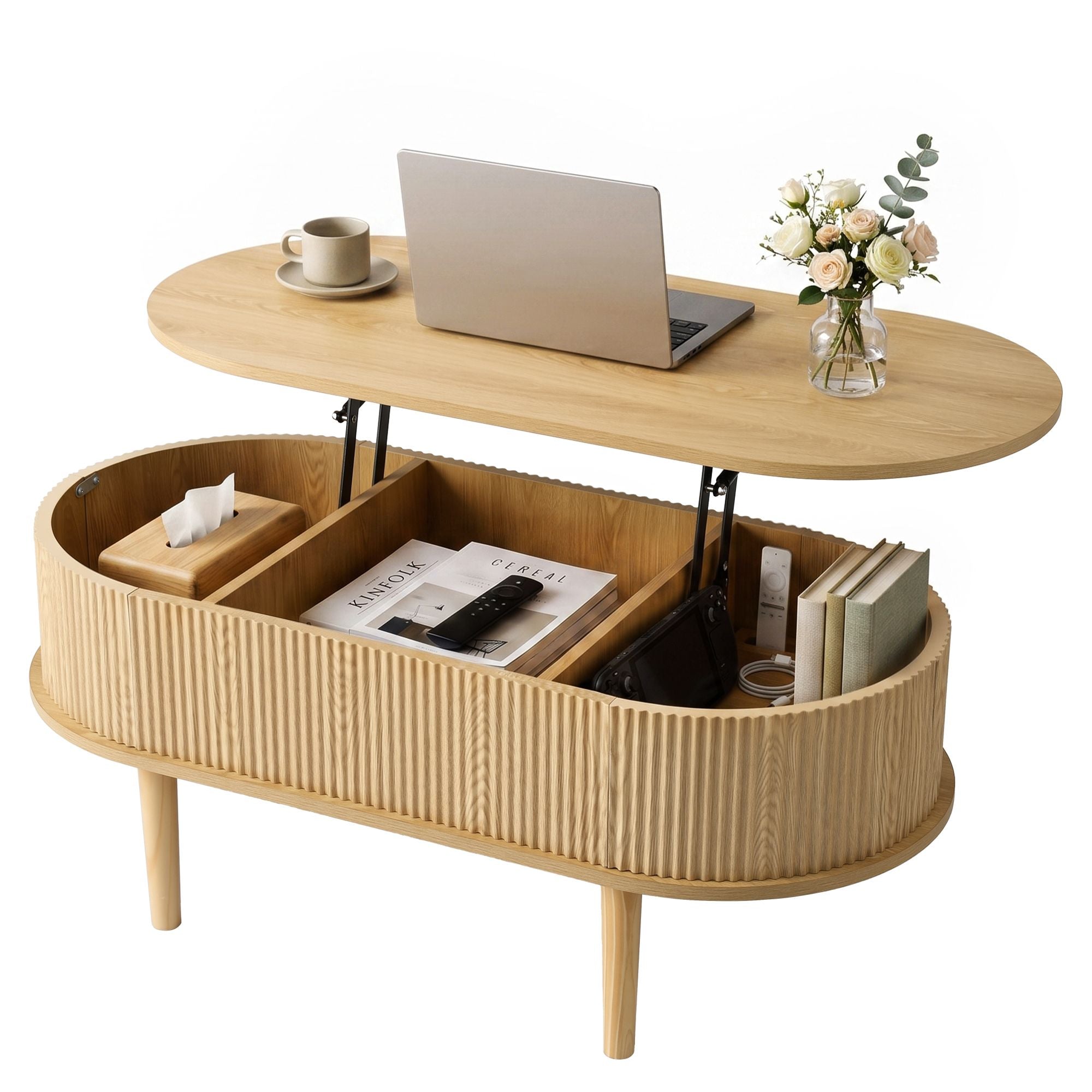Lift Top Coffee Table Fluted Centre Table with Hidden Storage Oval 100cm