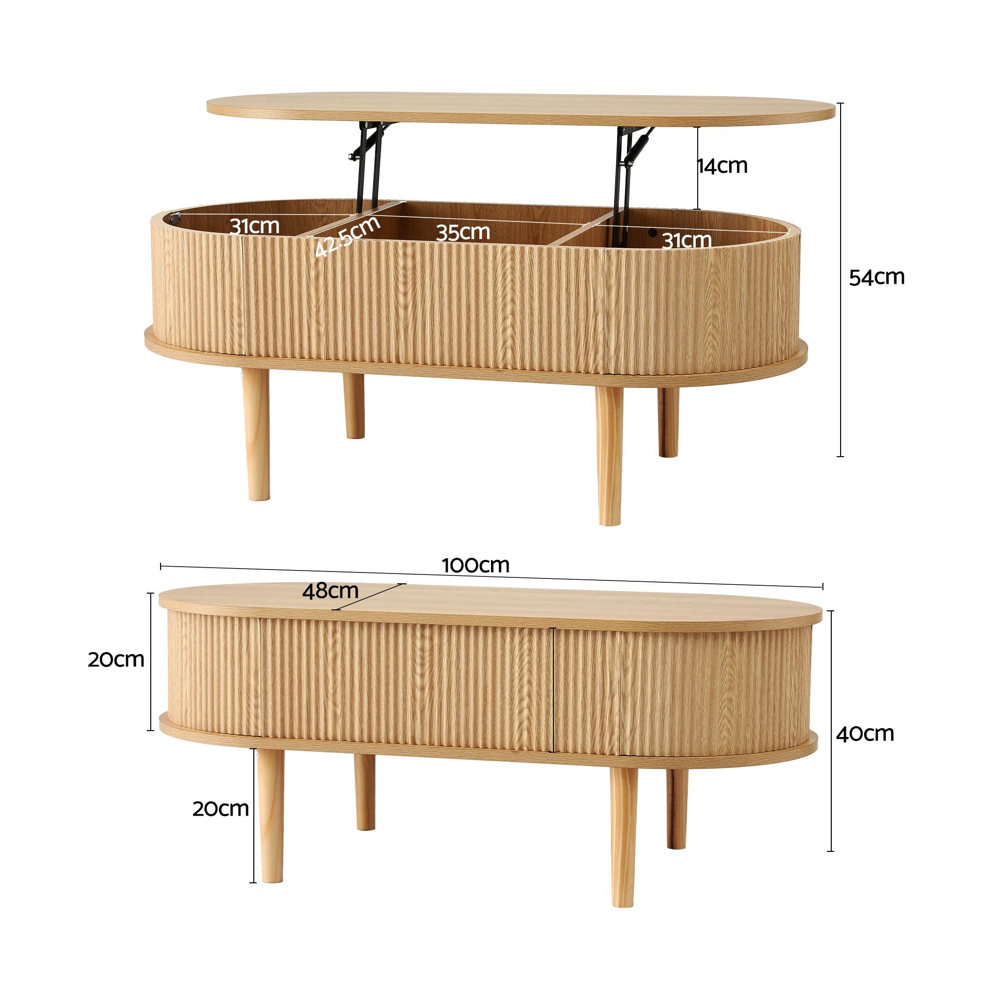 Lift Top Coffee Table Fluted Centre Table with Hidden Storage Oval 100cm
