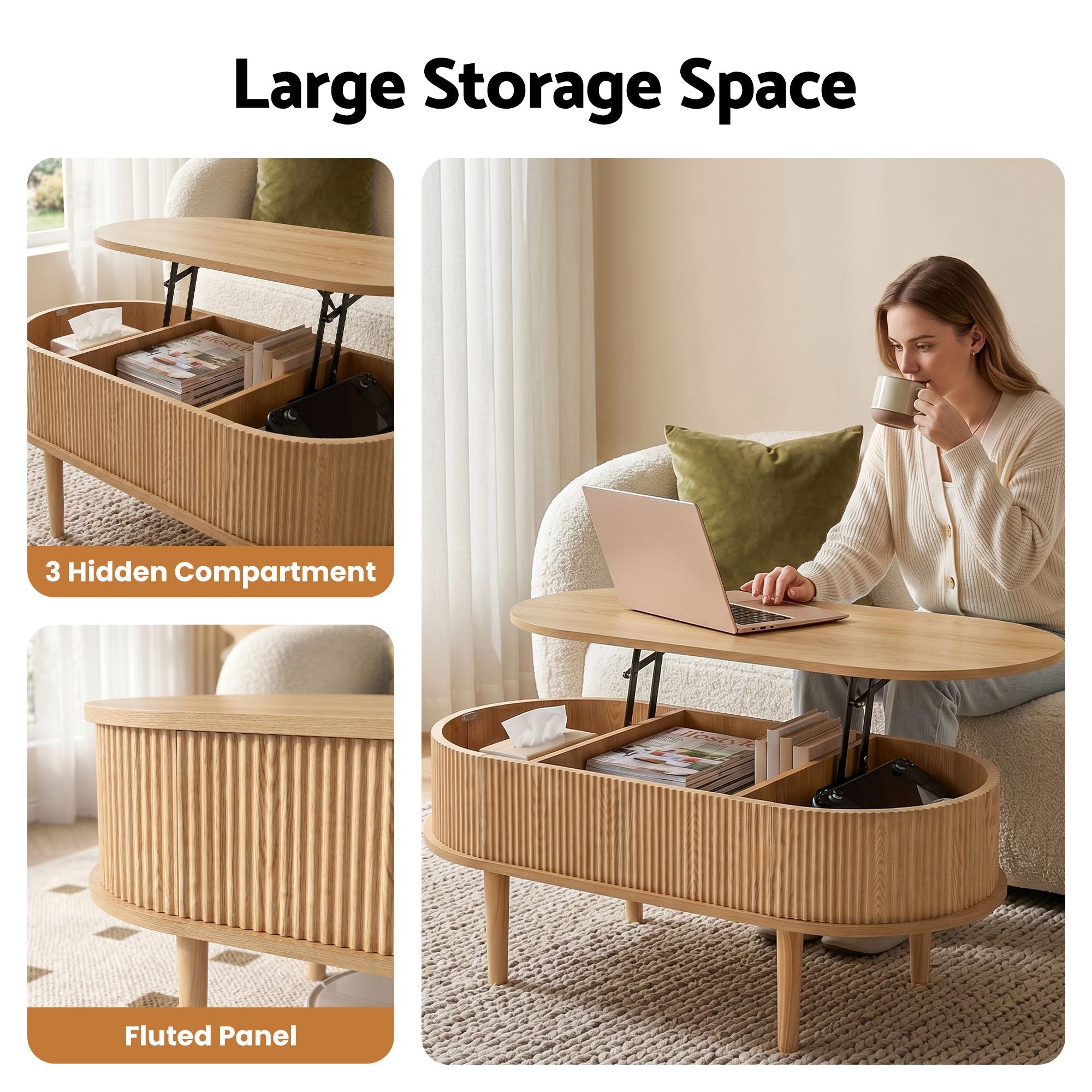 Lift Top Coffee Table Fluted Centre Table with Hidden Storage Oval 100cm
