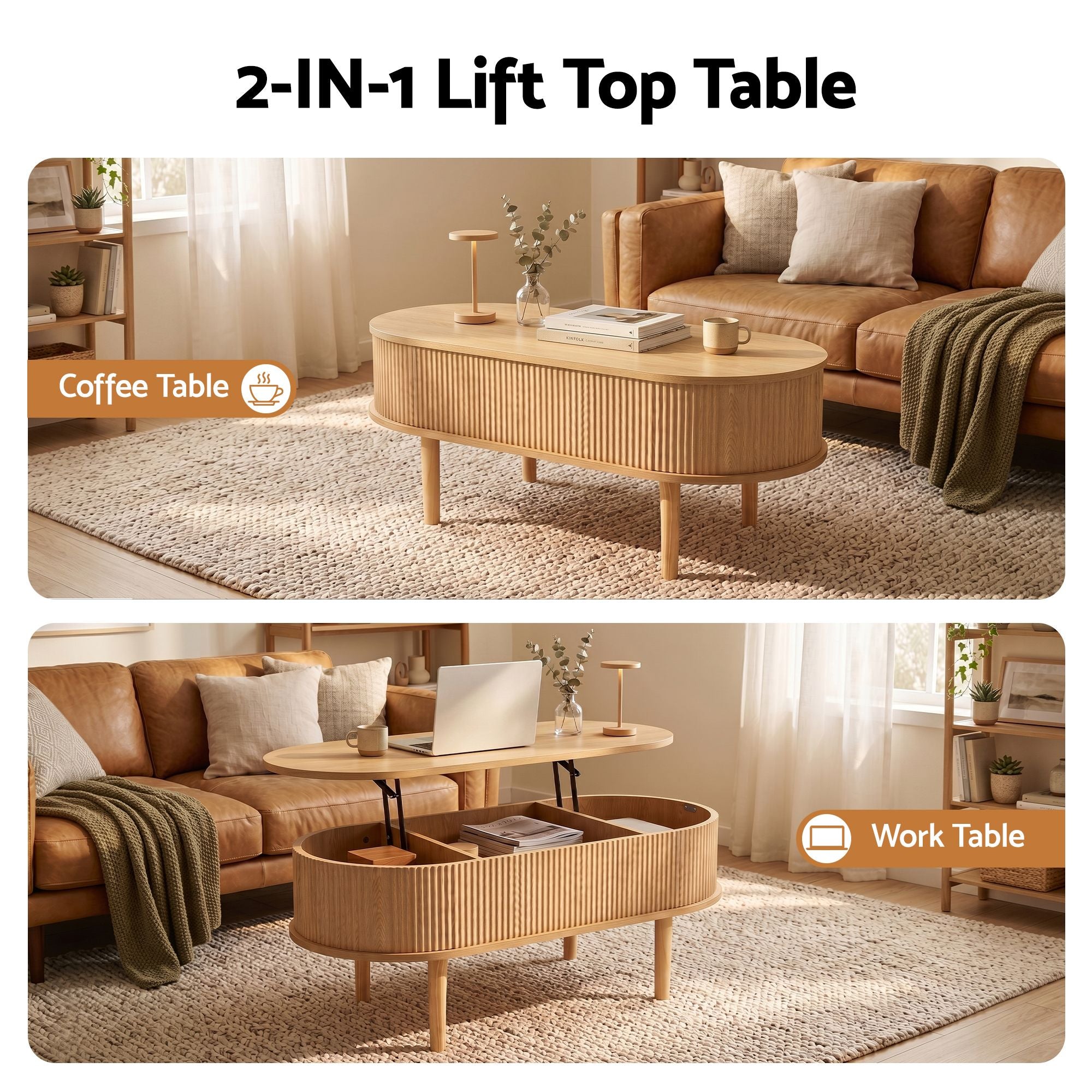 Lift Top Coffee Table Fluted Centre Table with Hidden Storage Oval 100cm