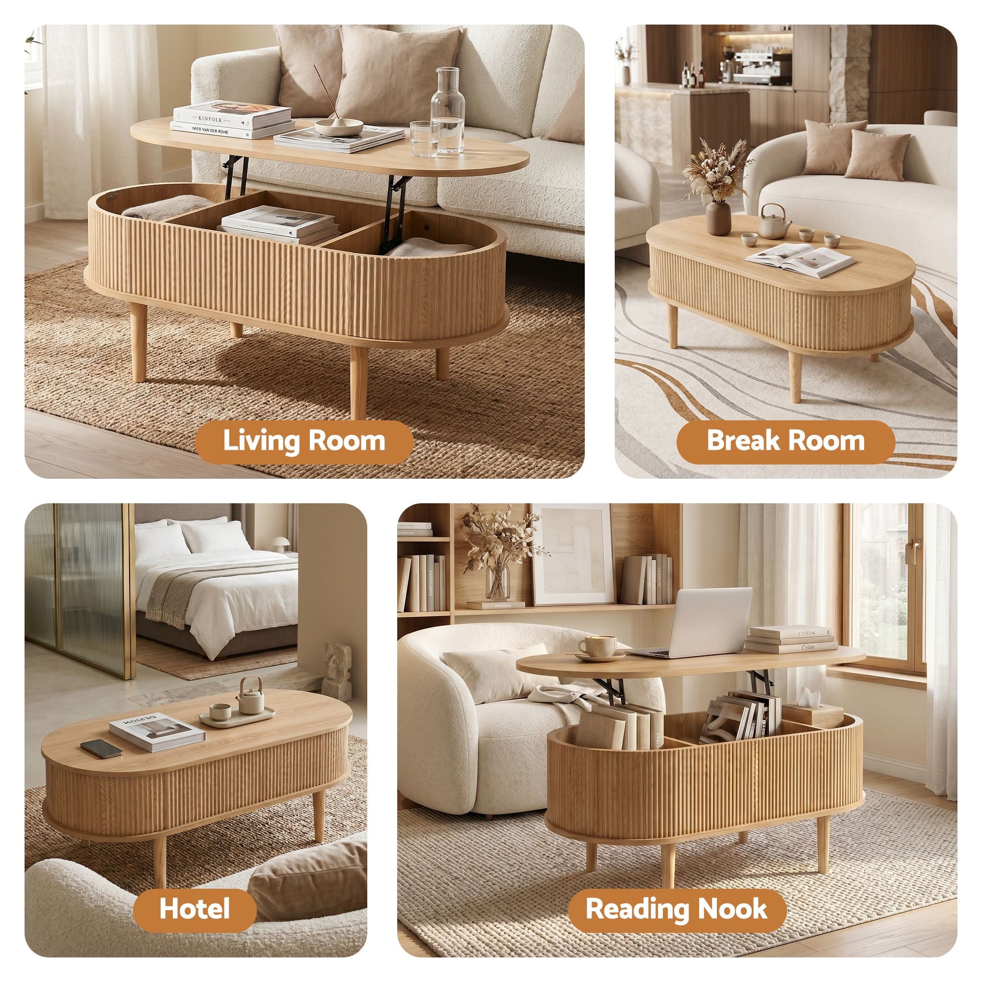 Lift Top Coffee Table Fluted Centre Table with Hidden Storage Oval 100cm
