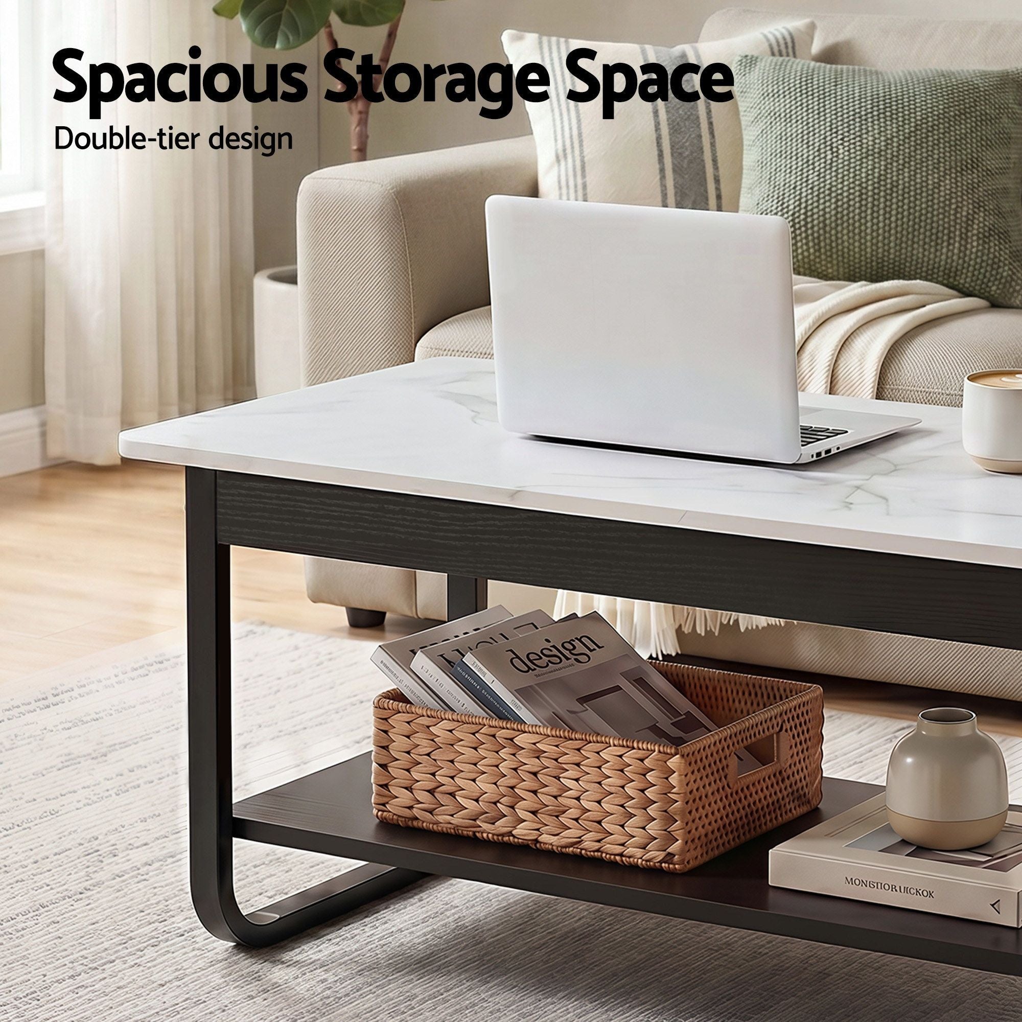 Coffee Table 2-Tier 80CM Marble Finish Shelf Black&White