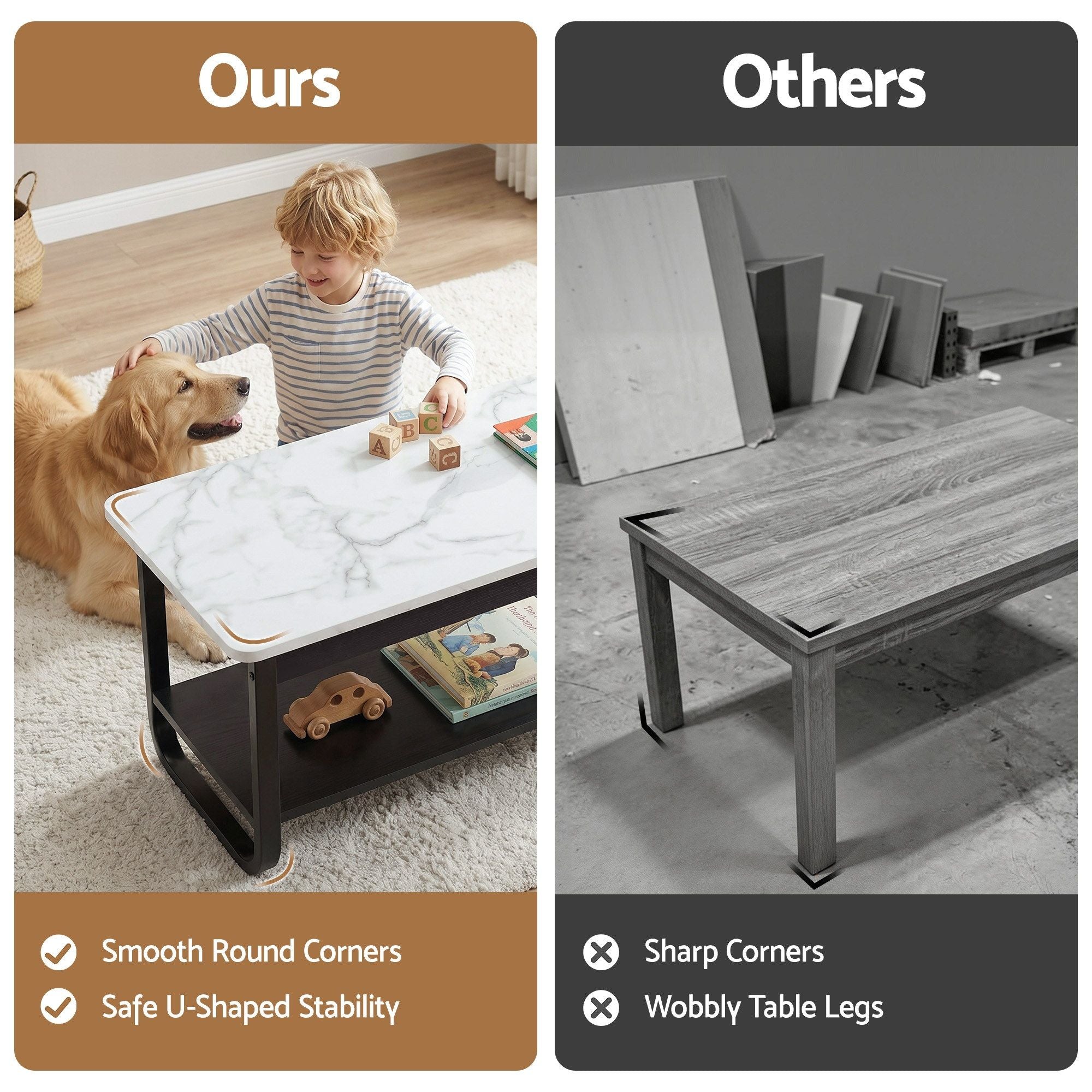 Coffee Table 2-Tier 80CM Marble Finish Shelf Black&White