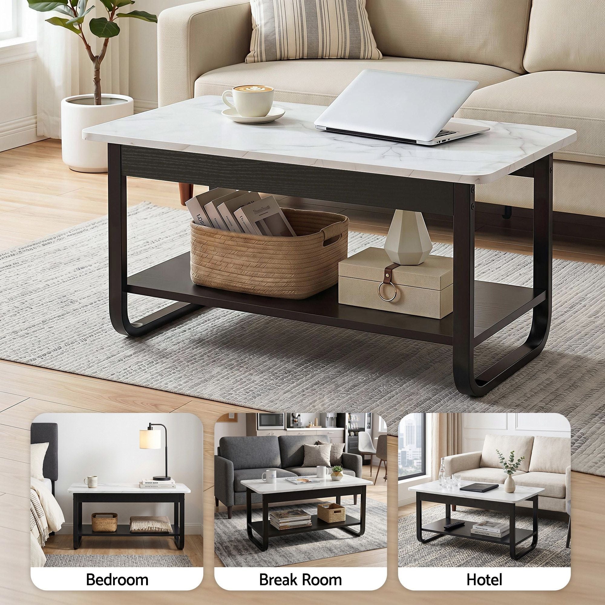 Coffee Table 2-Tier 80CM Marble Finish Shelf Black&White
