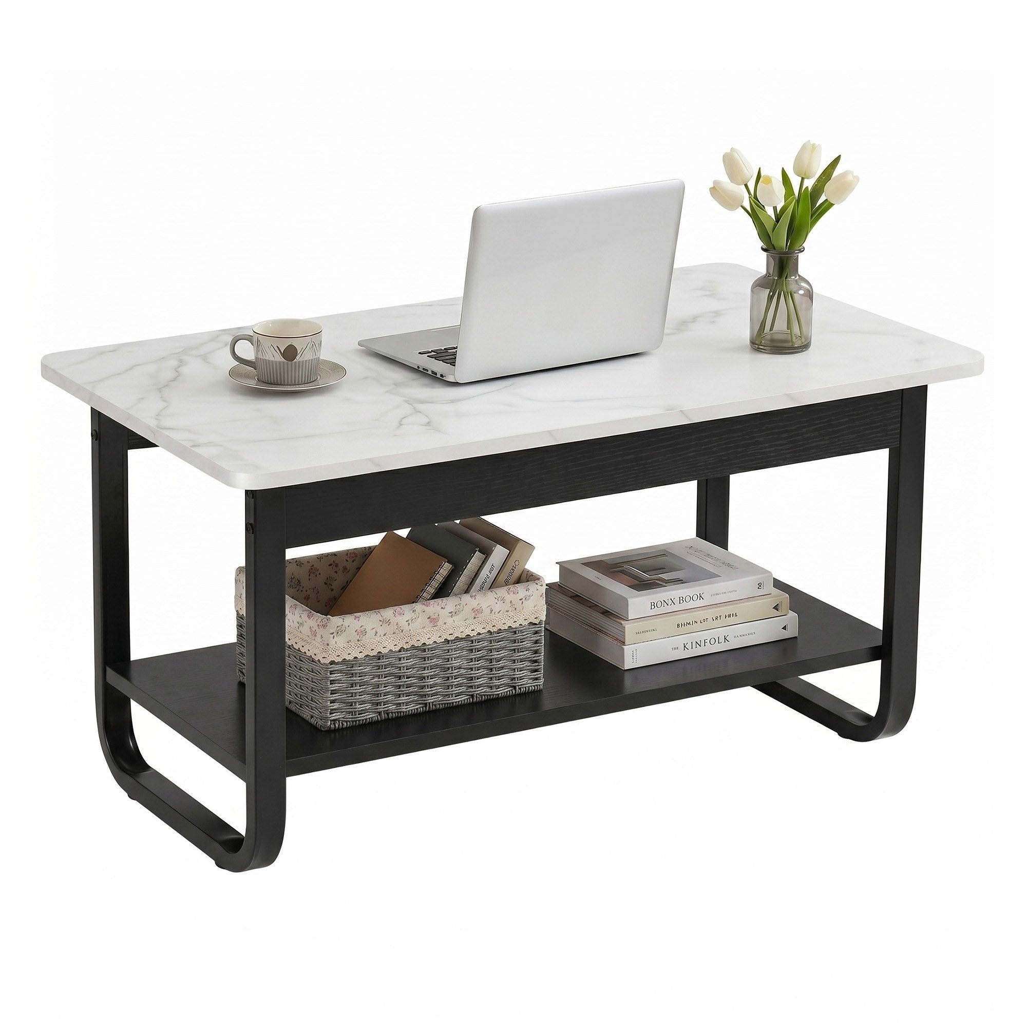 Coffee Table 2-Tier 80CM Marble Finish Shelf Black&White