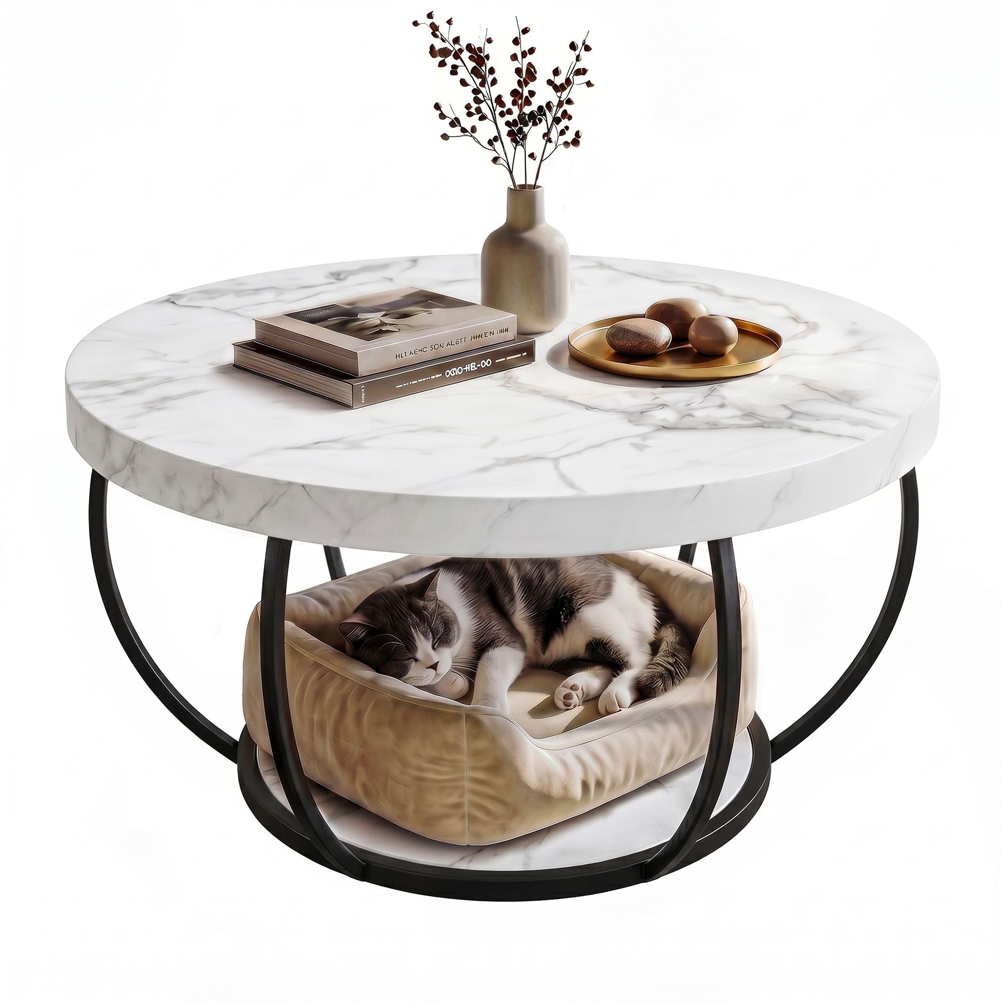 Coffee Table 2-Tier Marble Finish Round White&Black