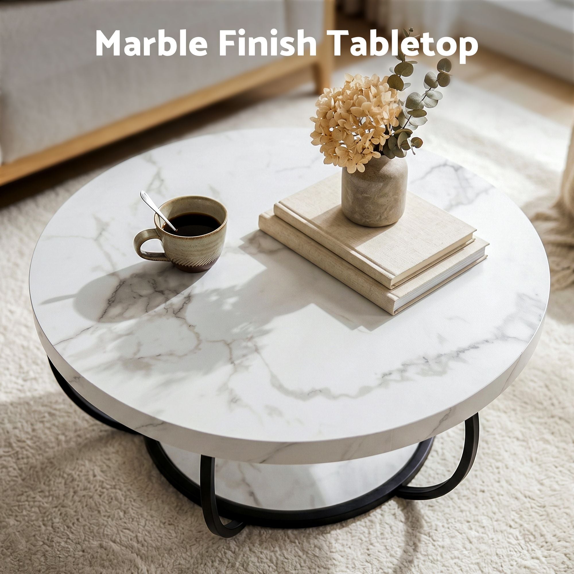 Coffee Table 2-Tier Marble Finish Round White&Black