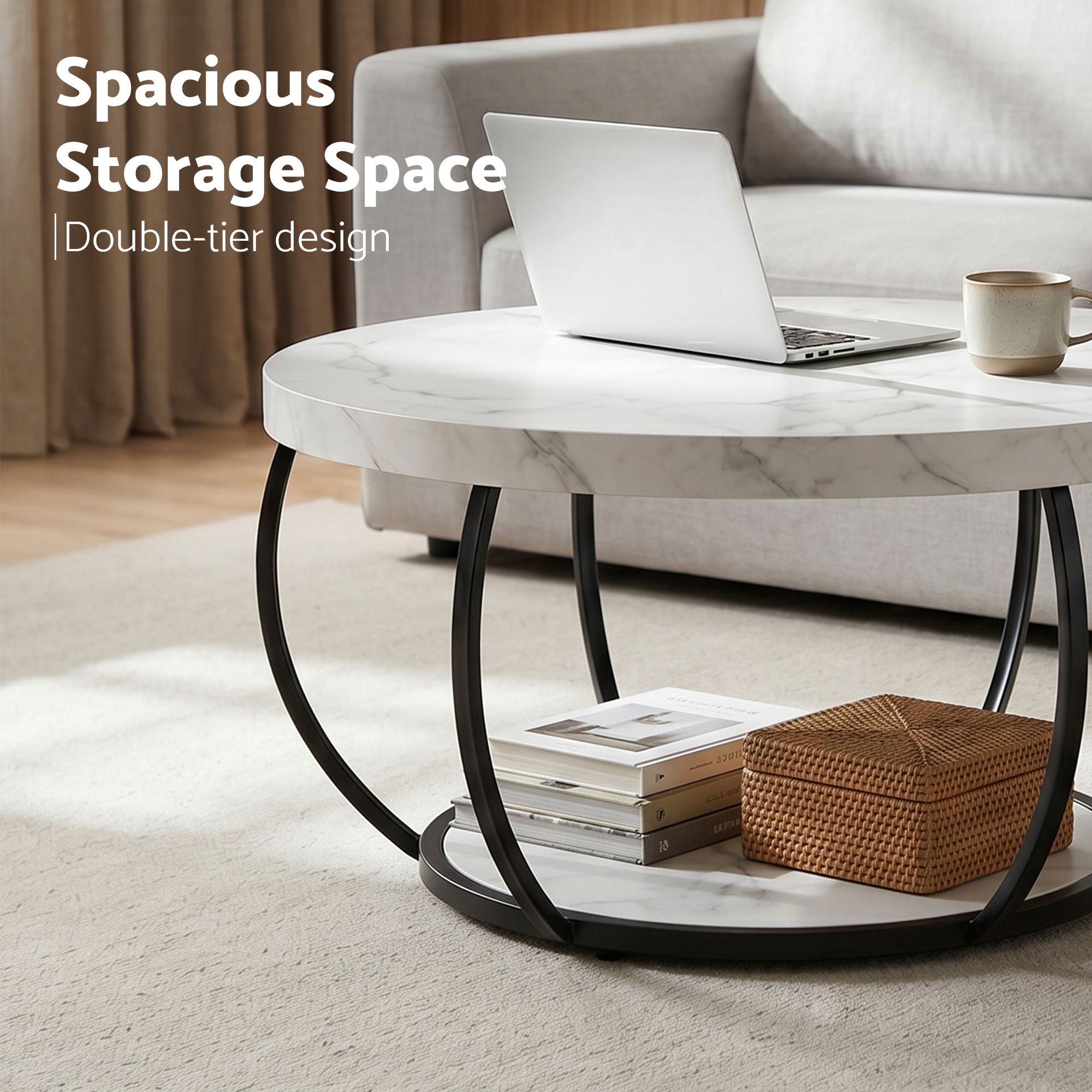 Coffee Table 2-Tier Marble Finish Round White&Black