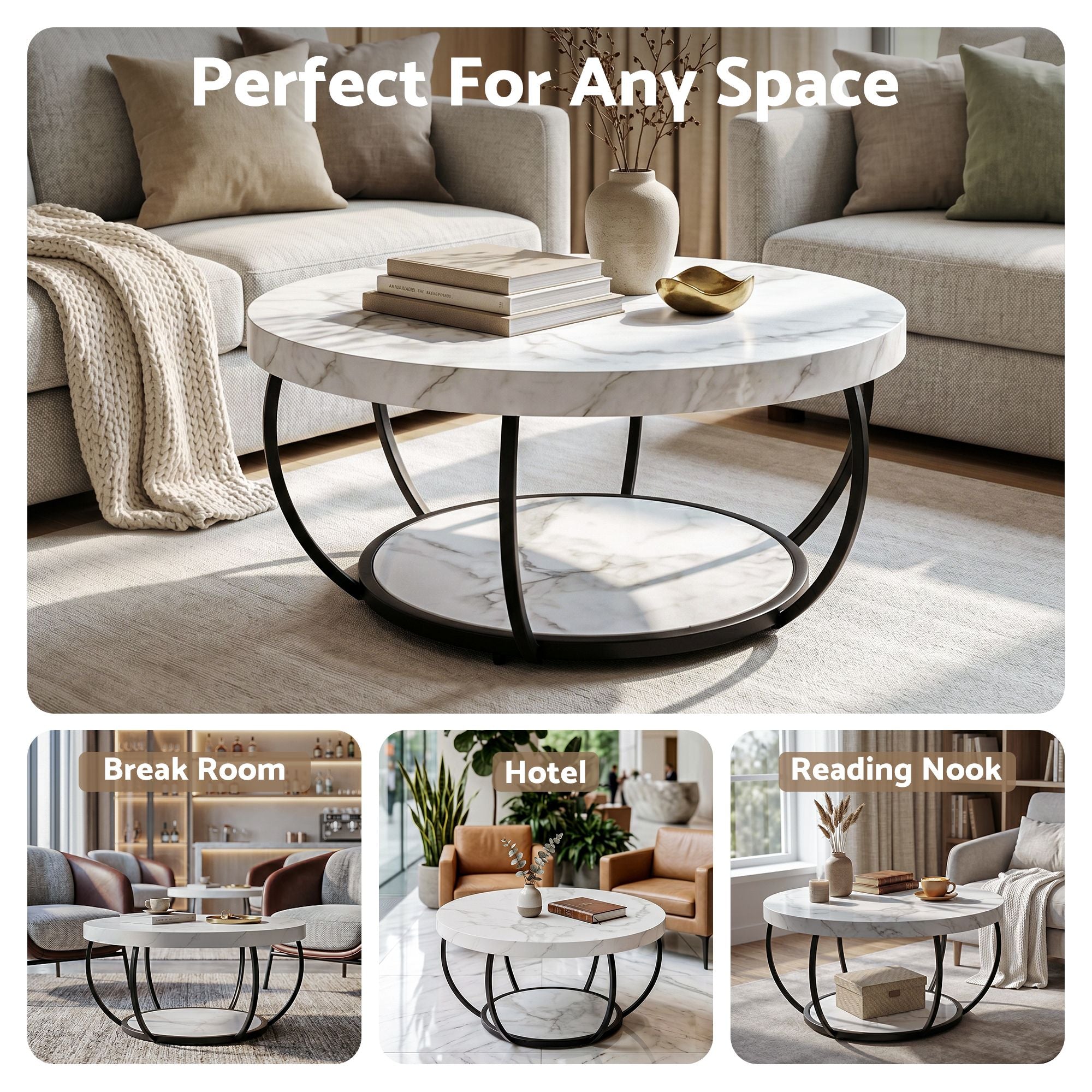 Coffee Table 2-Tier Marble Finish Round White&Black