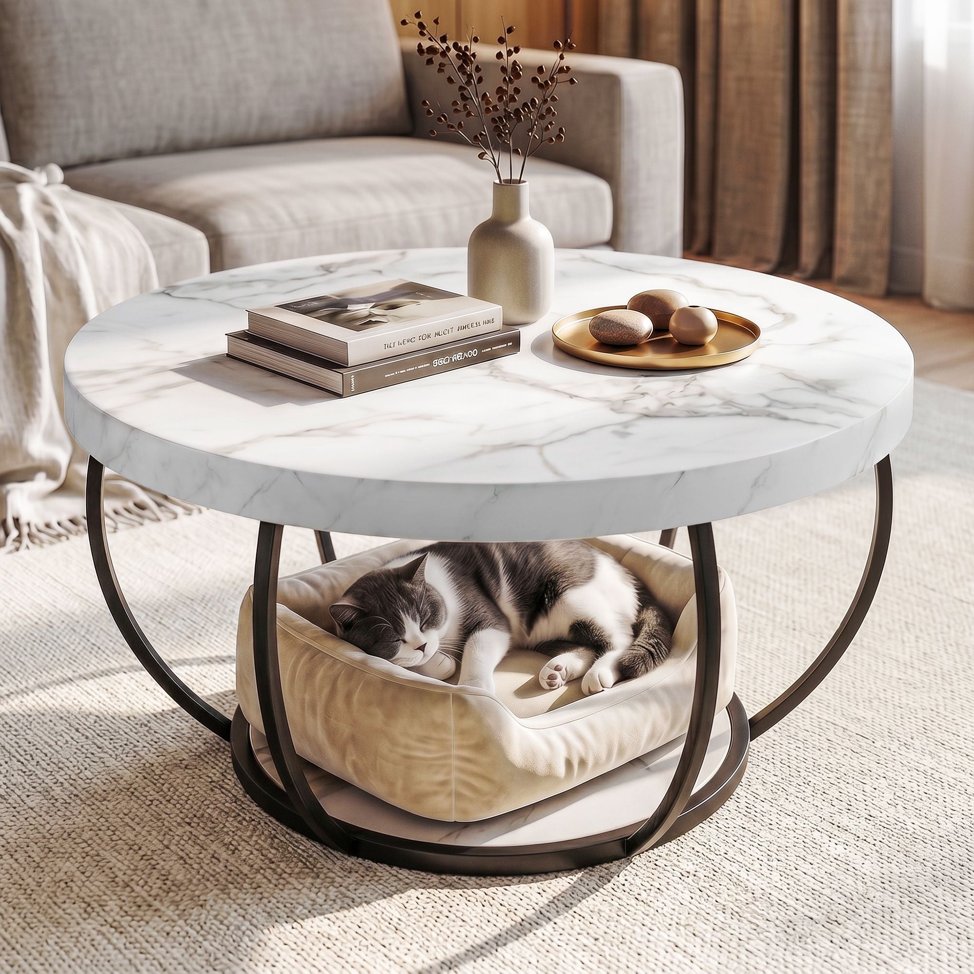 Coffee Table 2-Tier Marble Finish Round White&Black