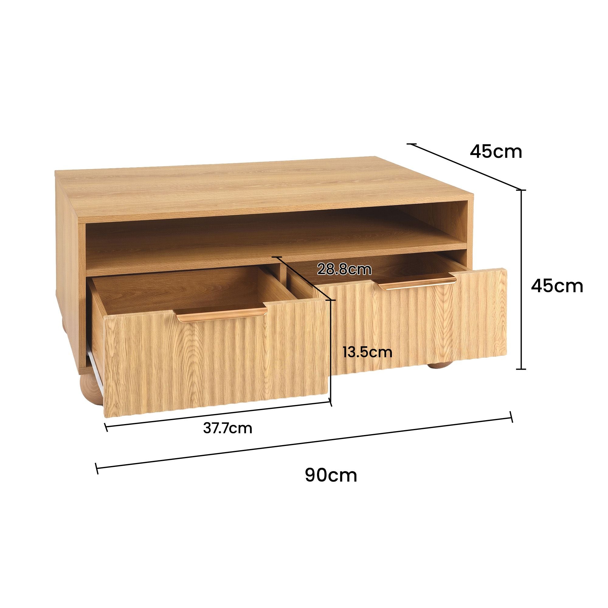 Coffee Table 90cm Center Table Fluted Drawers Open Shelf Spherical Solid Legs Wood