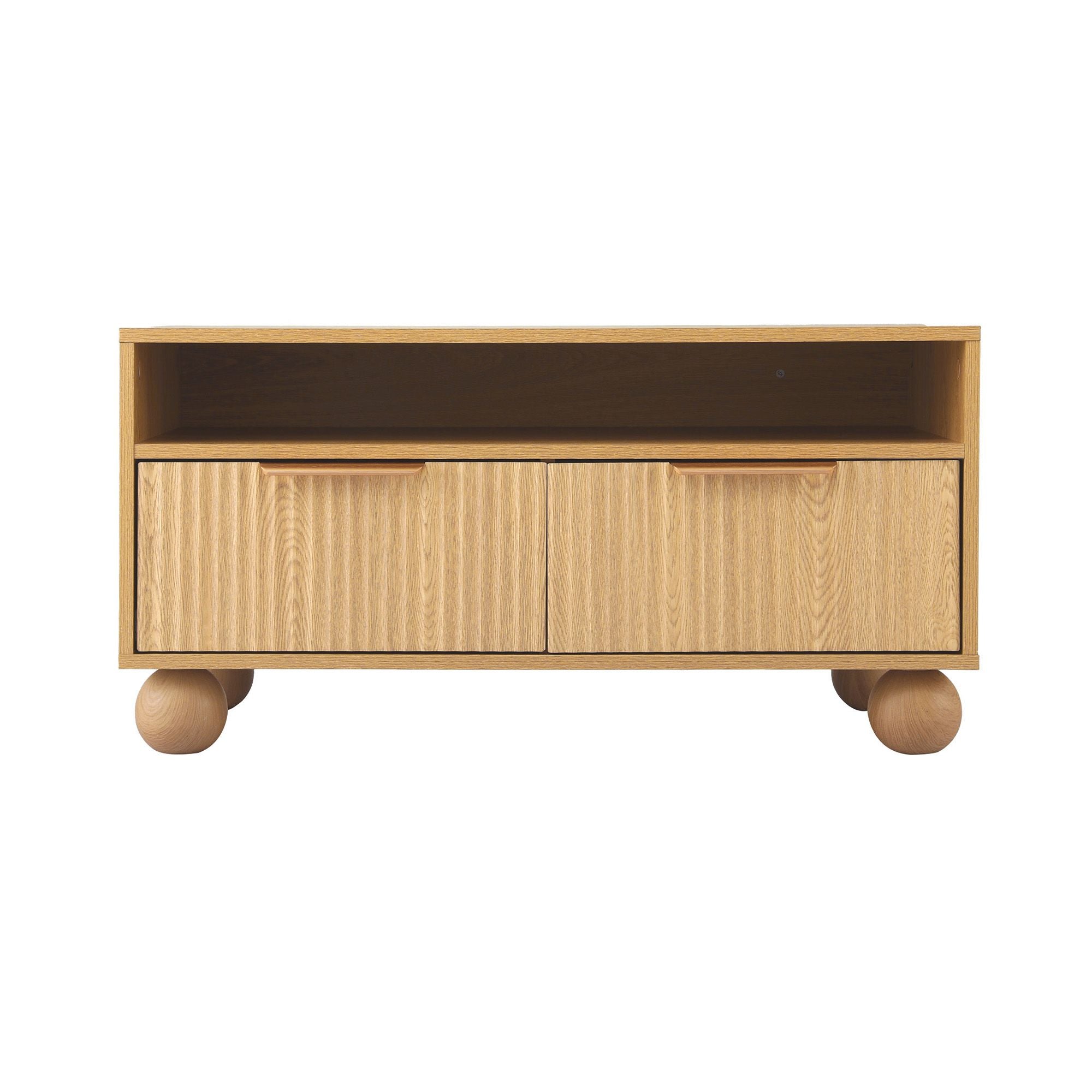 Coffee Table 90cm Center Table Fluted Drawers Open Shelf Spherical Solid Legs Wood