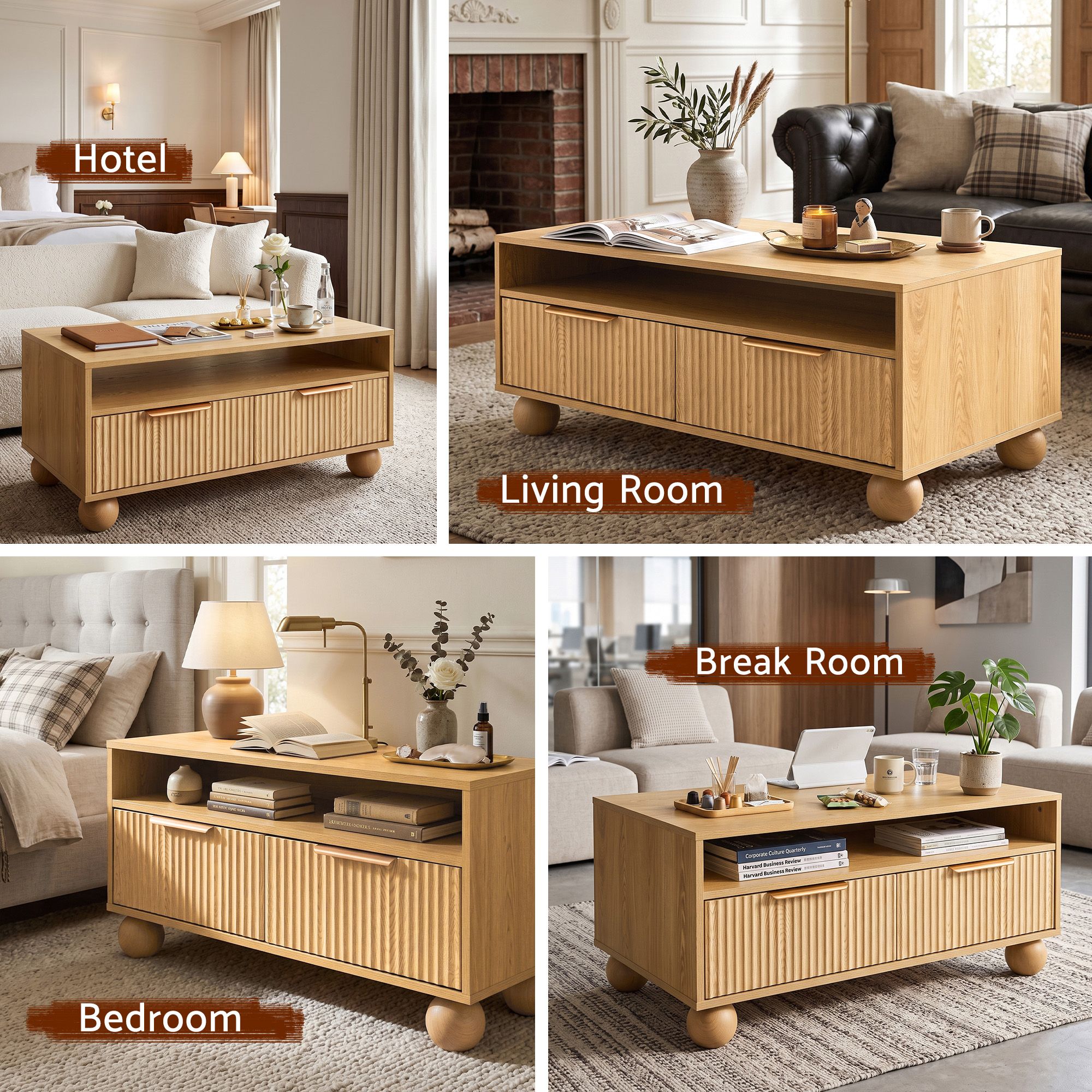 Coffee Table 90cm Center Table Fluted Drawers Open Shelf Spherical Solid Legs Wood