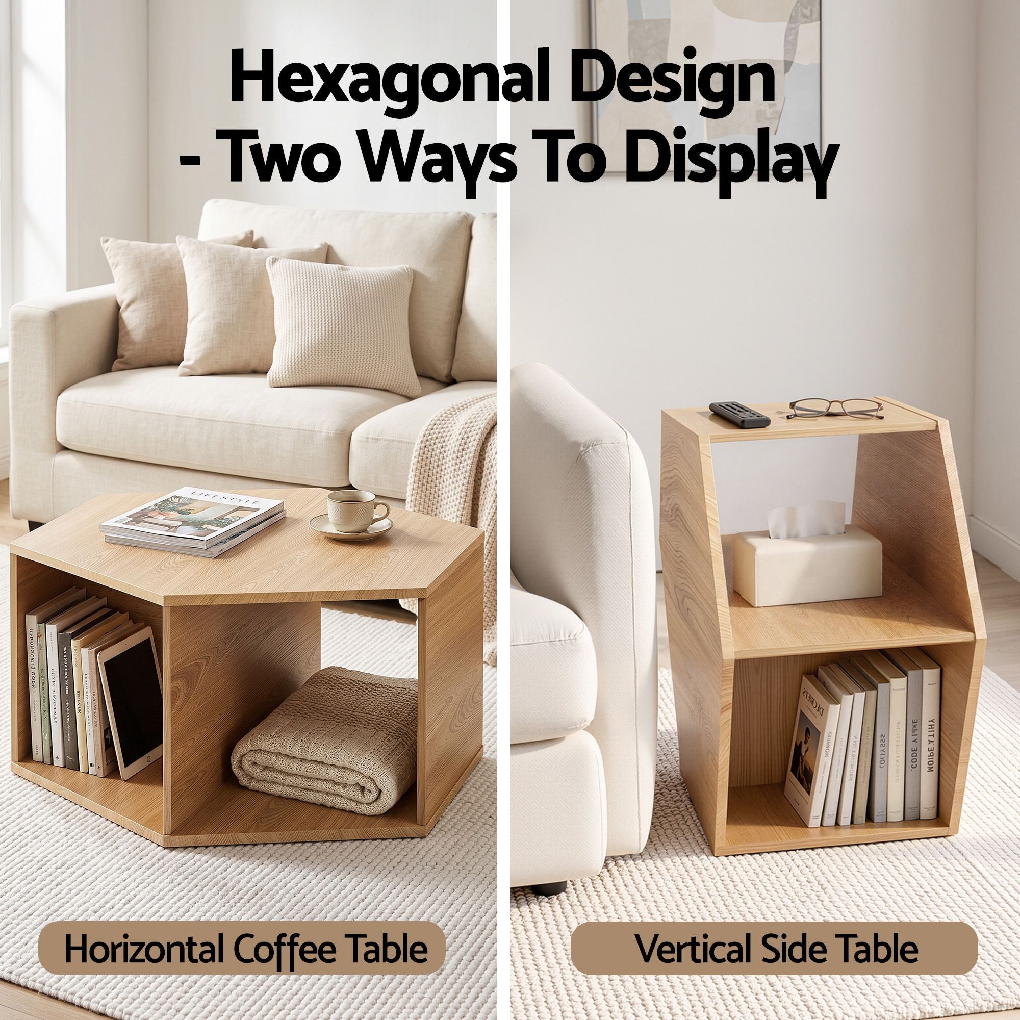 Coffee Table Hexagonal Center Table with Open Storage 2-Way Display Side Table Wood