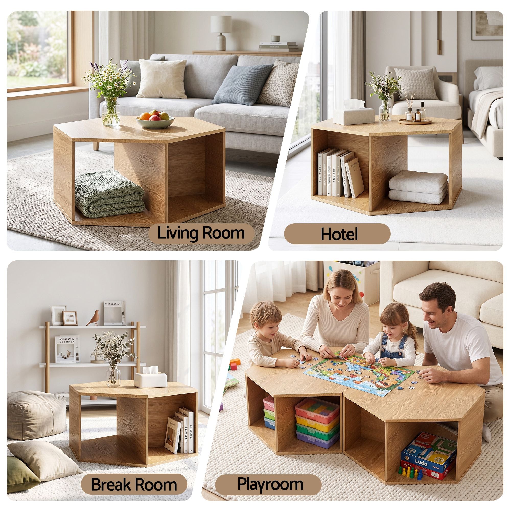 Coffee Table Hexagonal Center Table with Open Storage 2-Way Display Side Table Wood