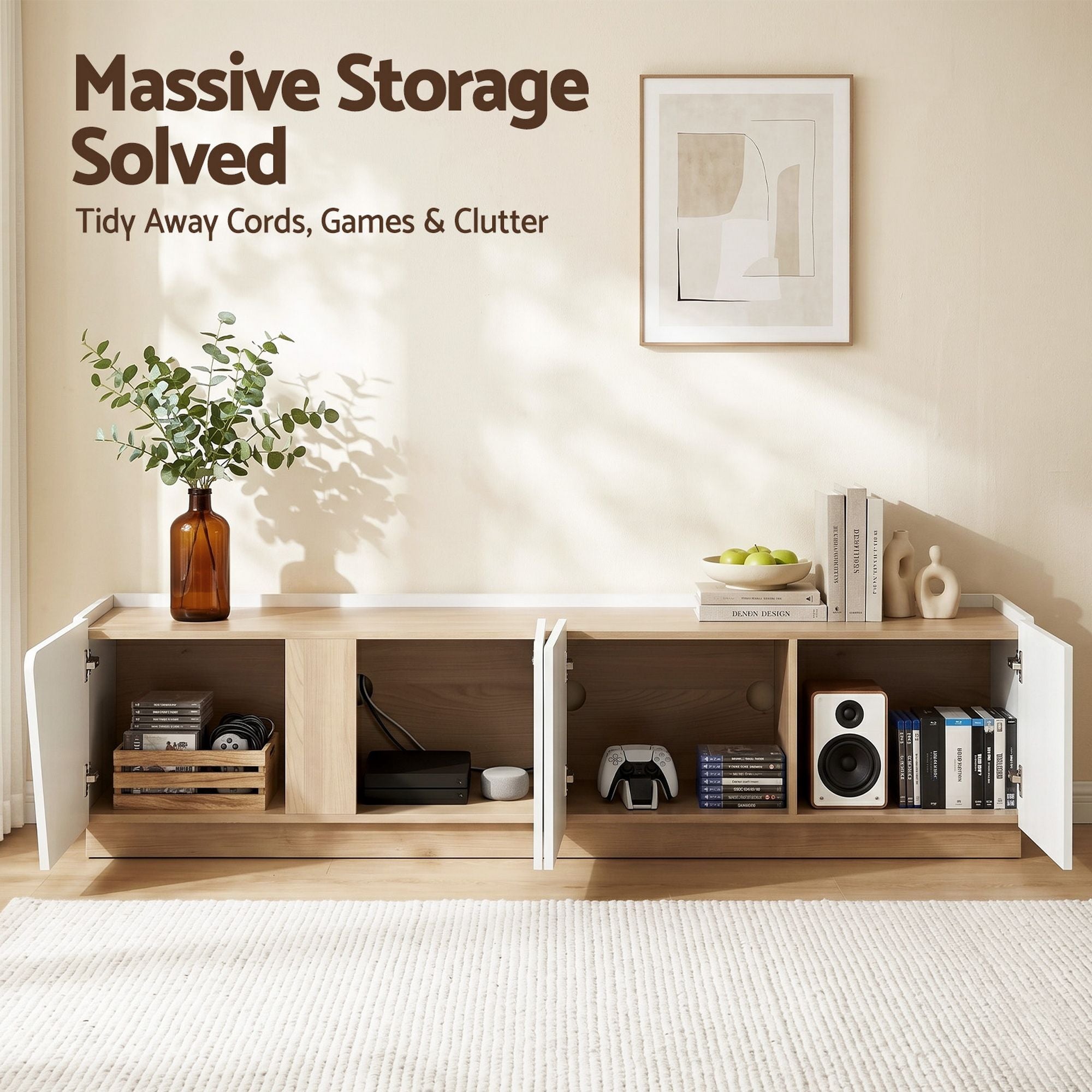 180cm TV Unit Storage Cabinet Living Room White & Pine