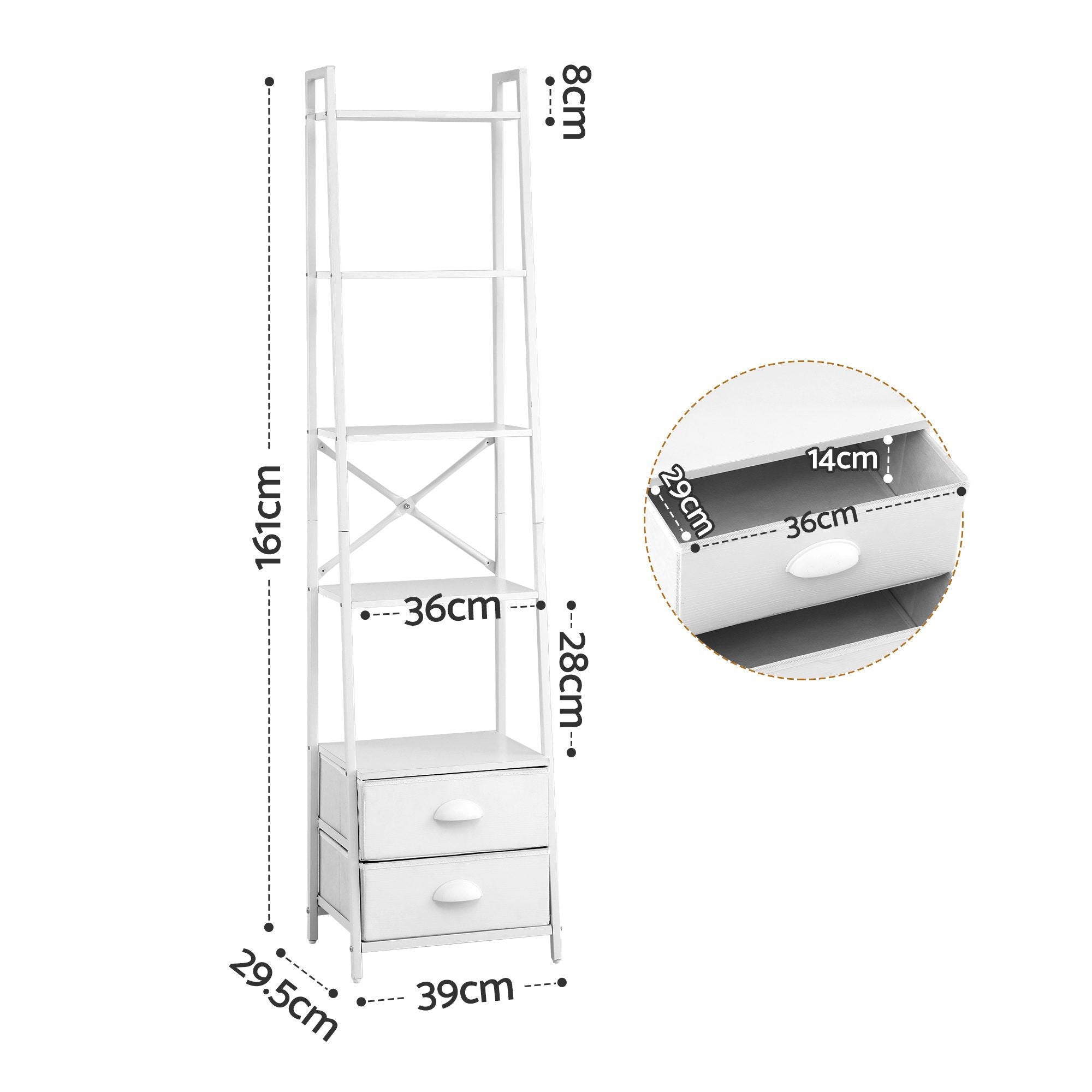 5 Tier Bookshelf Ladder Bookcase with Fabric Drawers Display Rack White