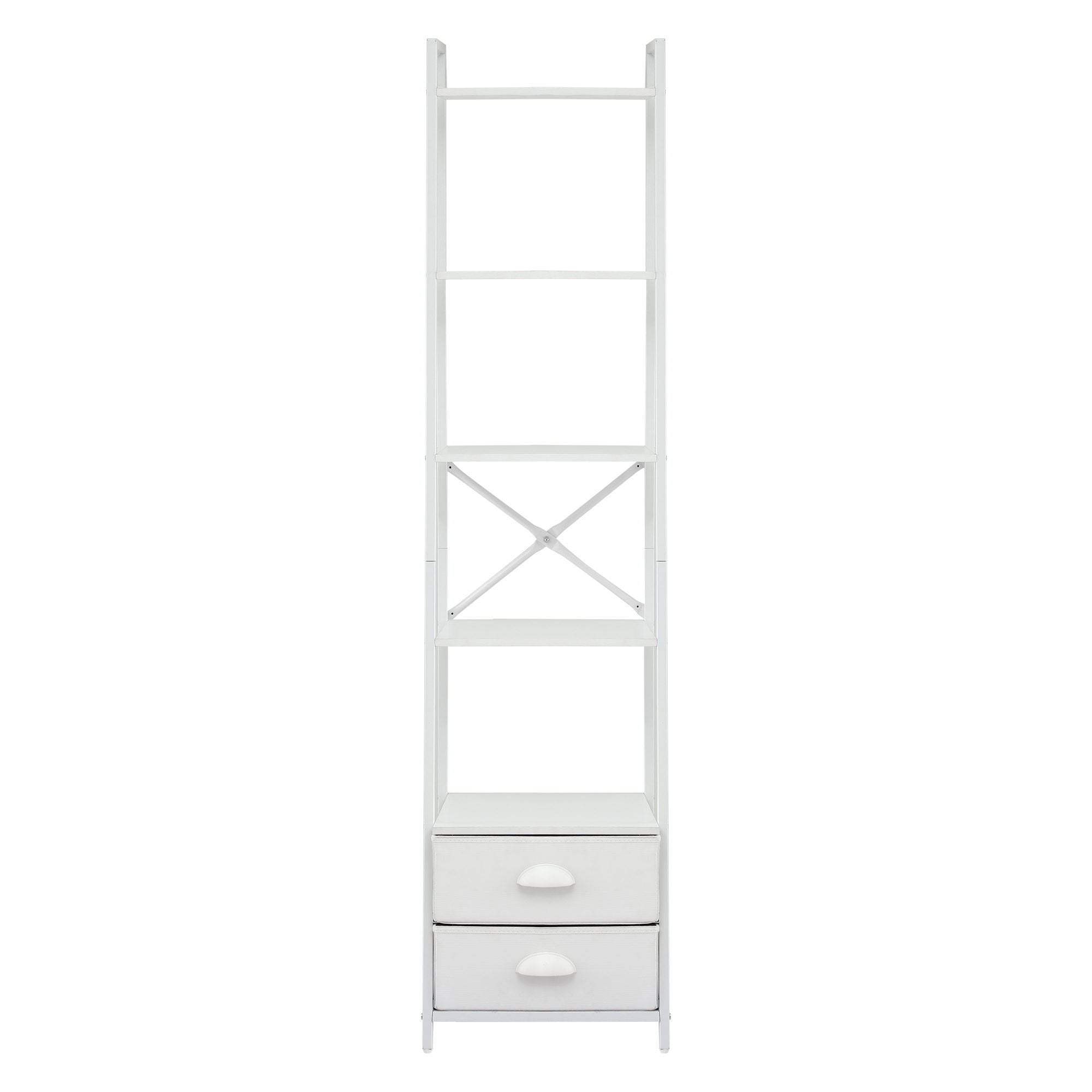 5 Tier Bookshelf Ladder Bookcase with Fabric Drawers Display Rack White