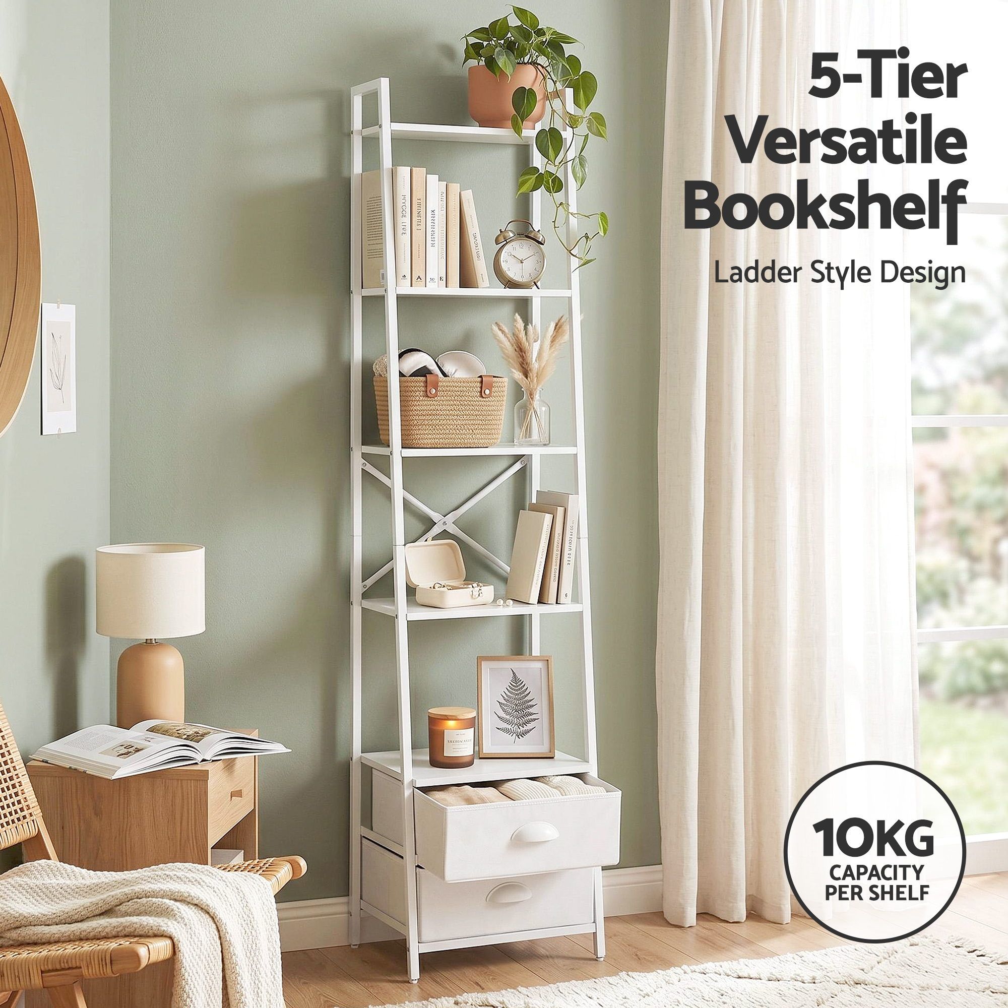 5 Tier Bookshelf Ladder Bookcase with Fabric Drawers Display Rack White