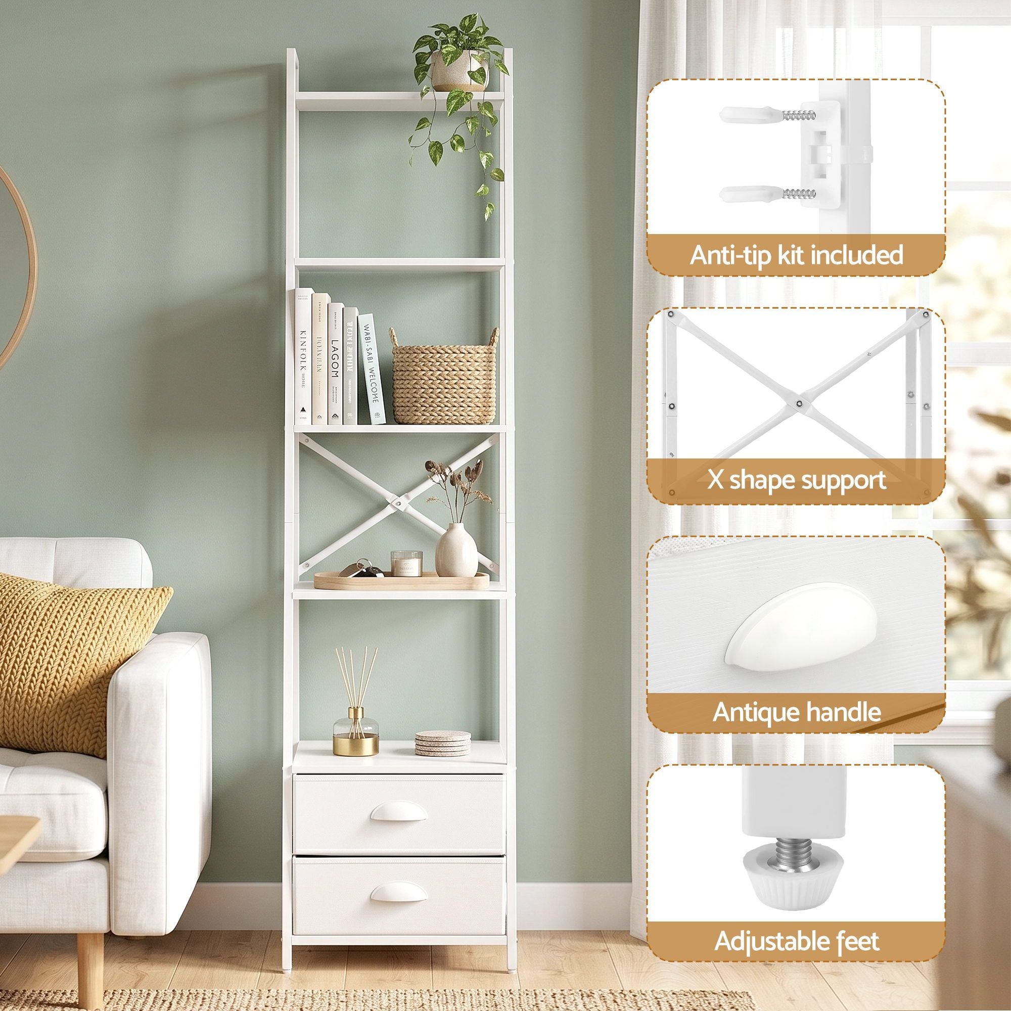 5 Tier Bookshelf Ladder Bookcase with Fabric Drawers Display Rack White