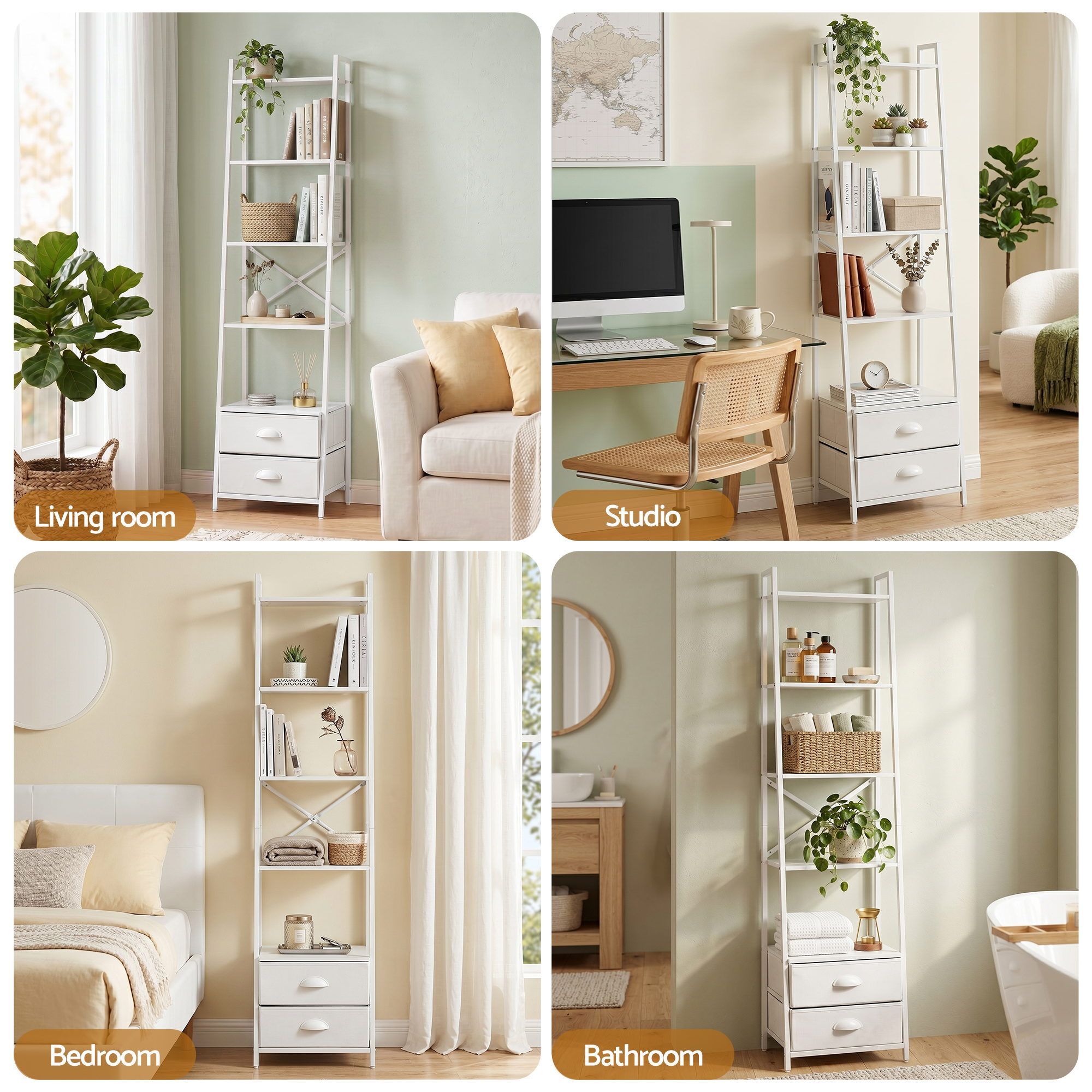 5 Tier Bookshelf Ladder Bookcase with Fabric Drawers Display Rack White