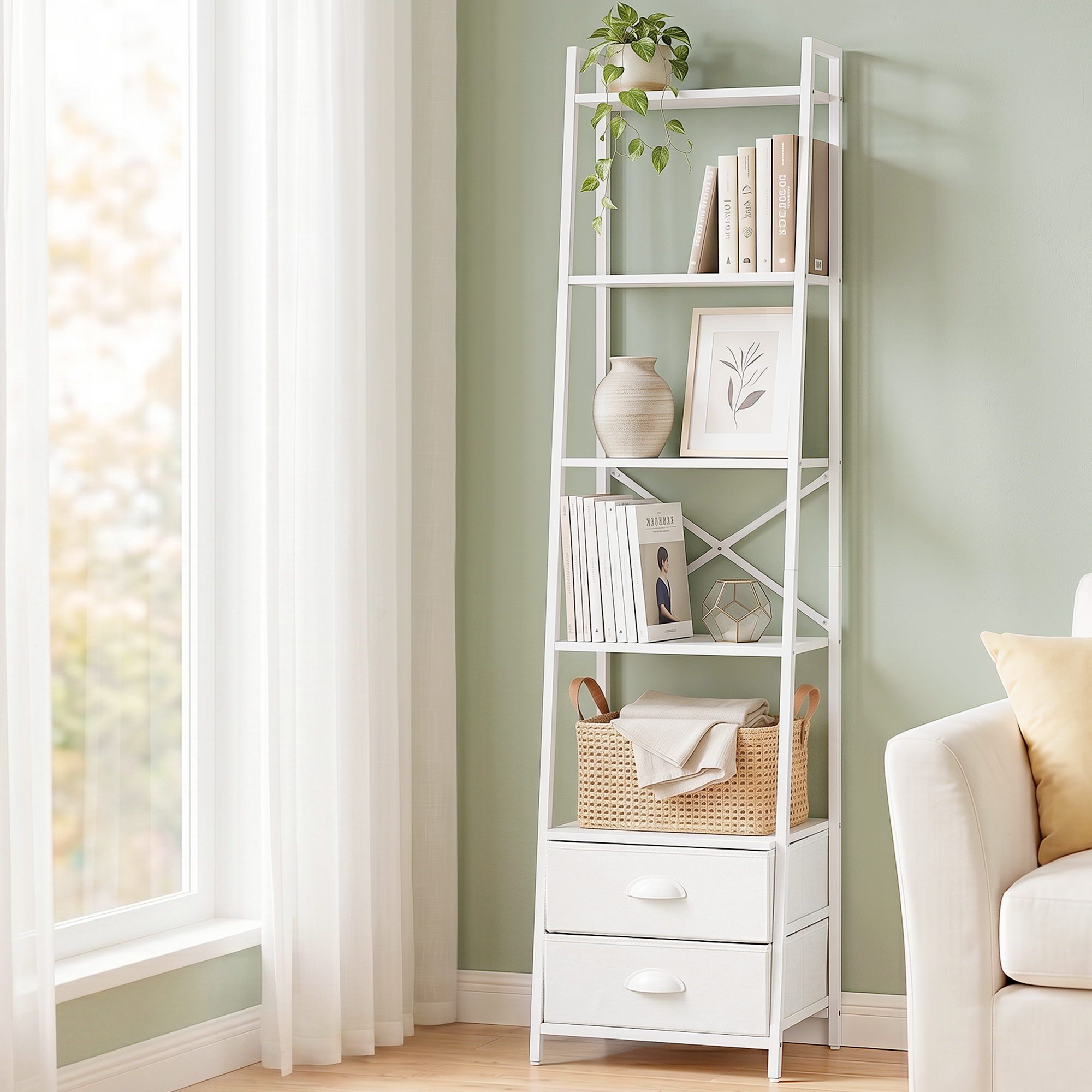 5 Tier Bookshelf Ladder Bookcase with Fabric Drawers Display Rack White