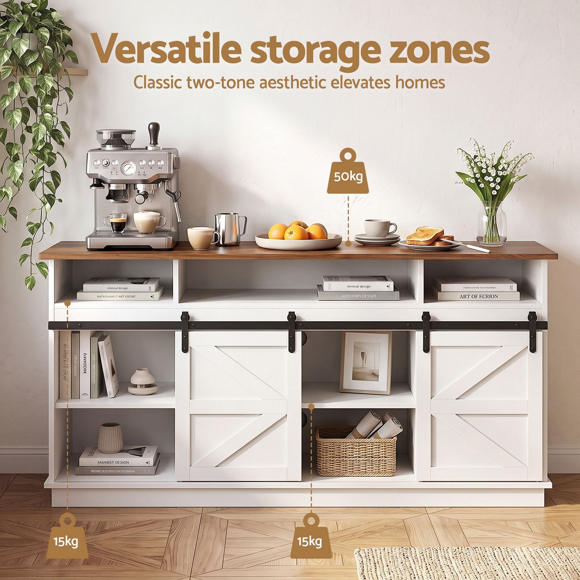 Buffet Sideboard Cabinet 150cm 3-Tier Kitchen Storage Sliding Doors White