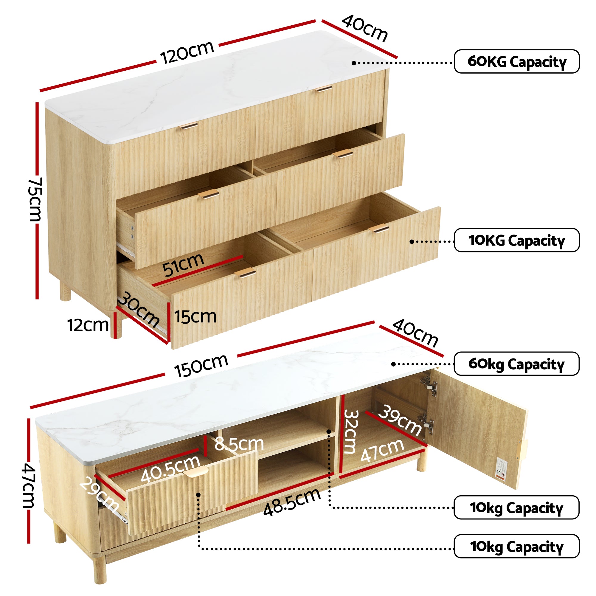 TV Unit and Chest of Drawers Set with Solid Wood Legs - Pine