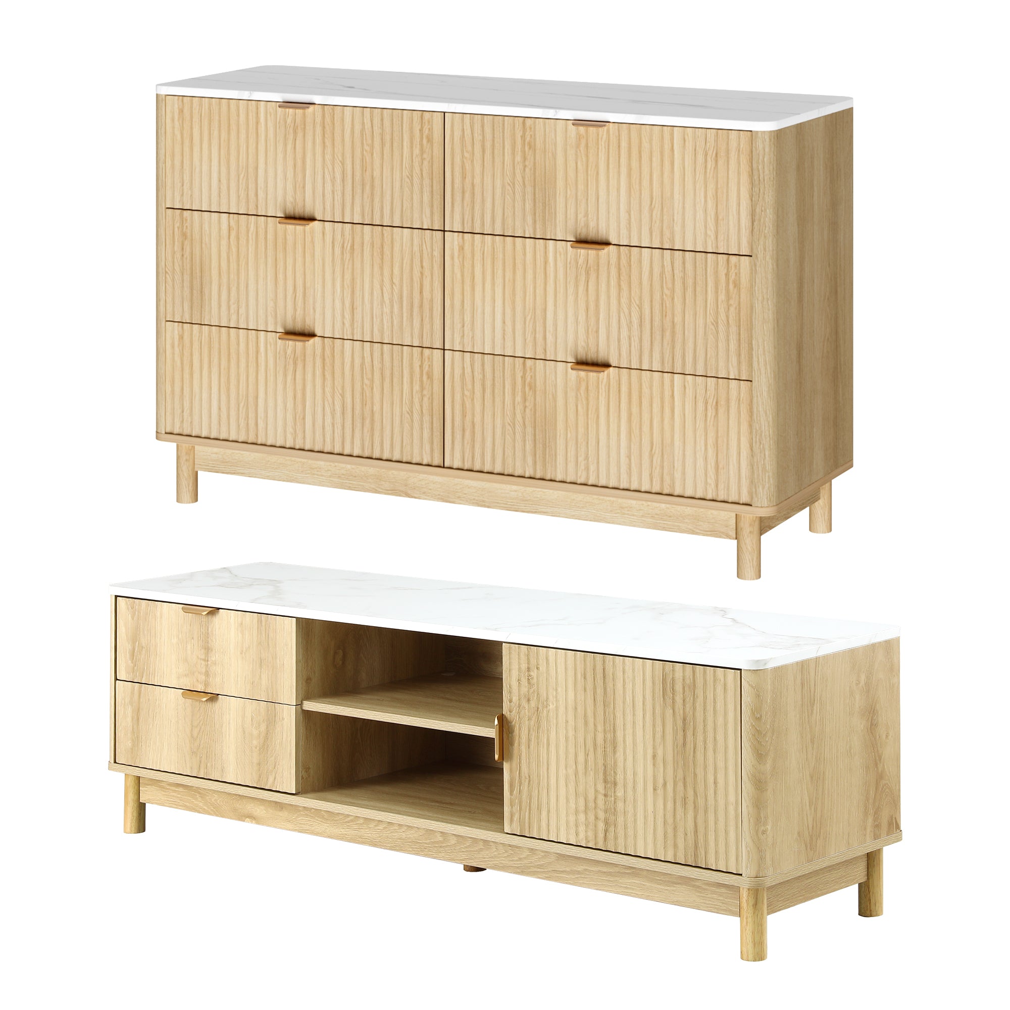 TV Unit and Chest of Drawers Set with Solid Wood Legs - Pine