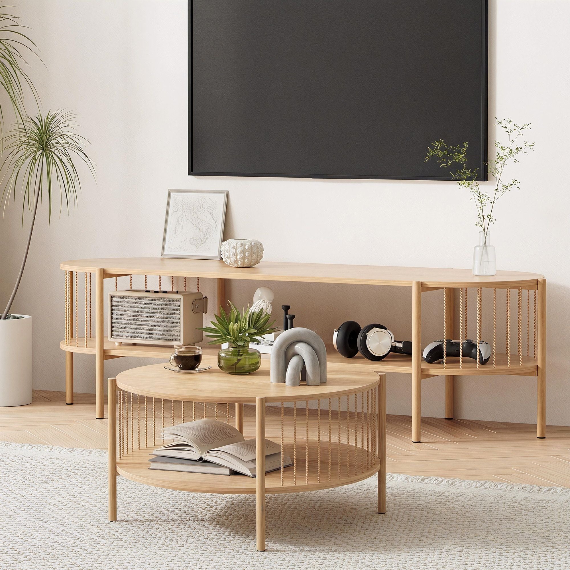 TV Unit and Coffee Table Set with Storage Shelf - Pine