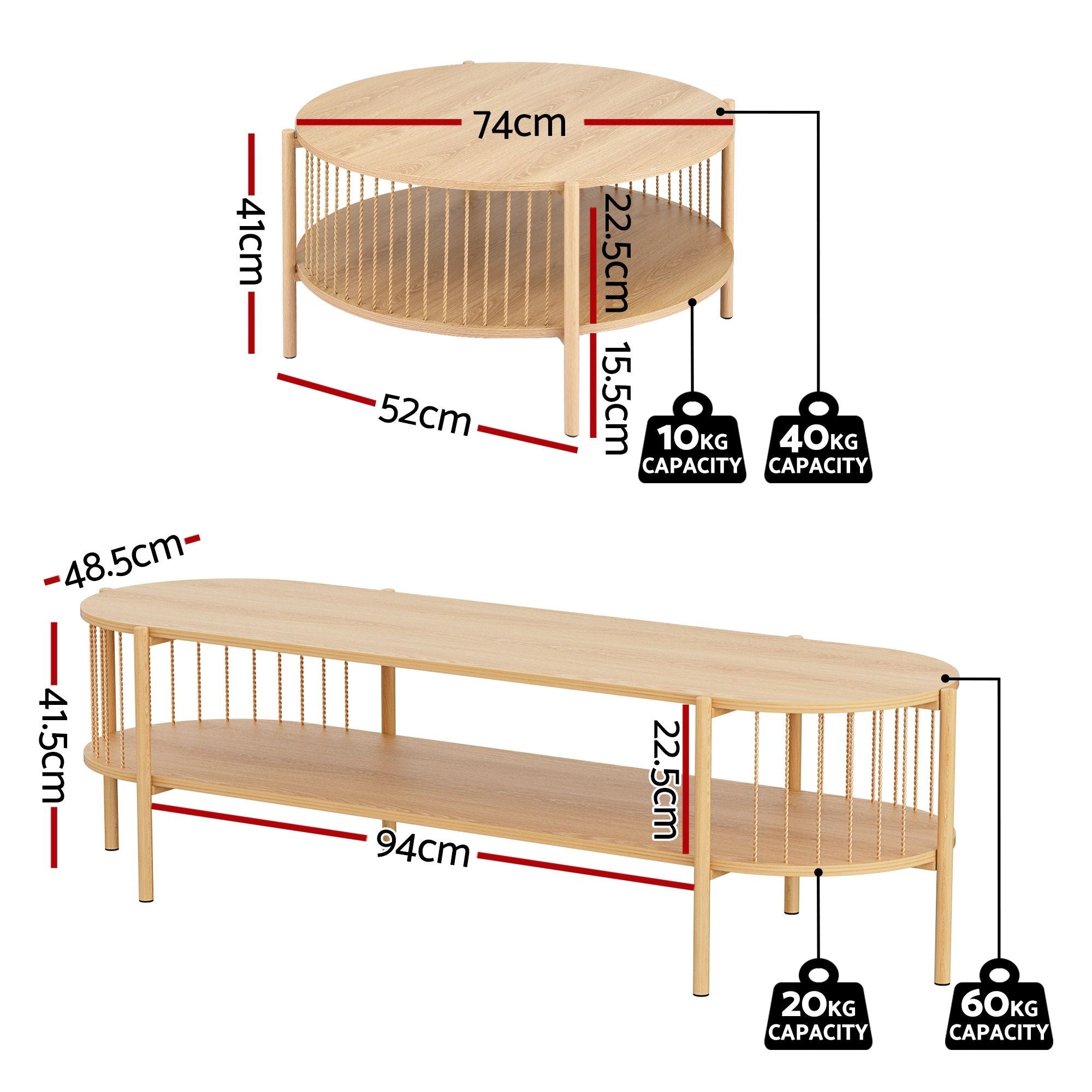 TV Unit and Coffee Table Set with Storage Shelf - Pine