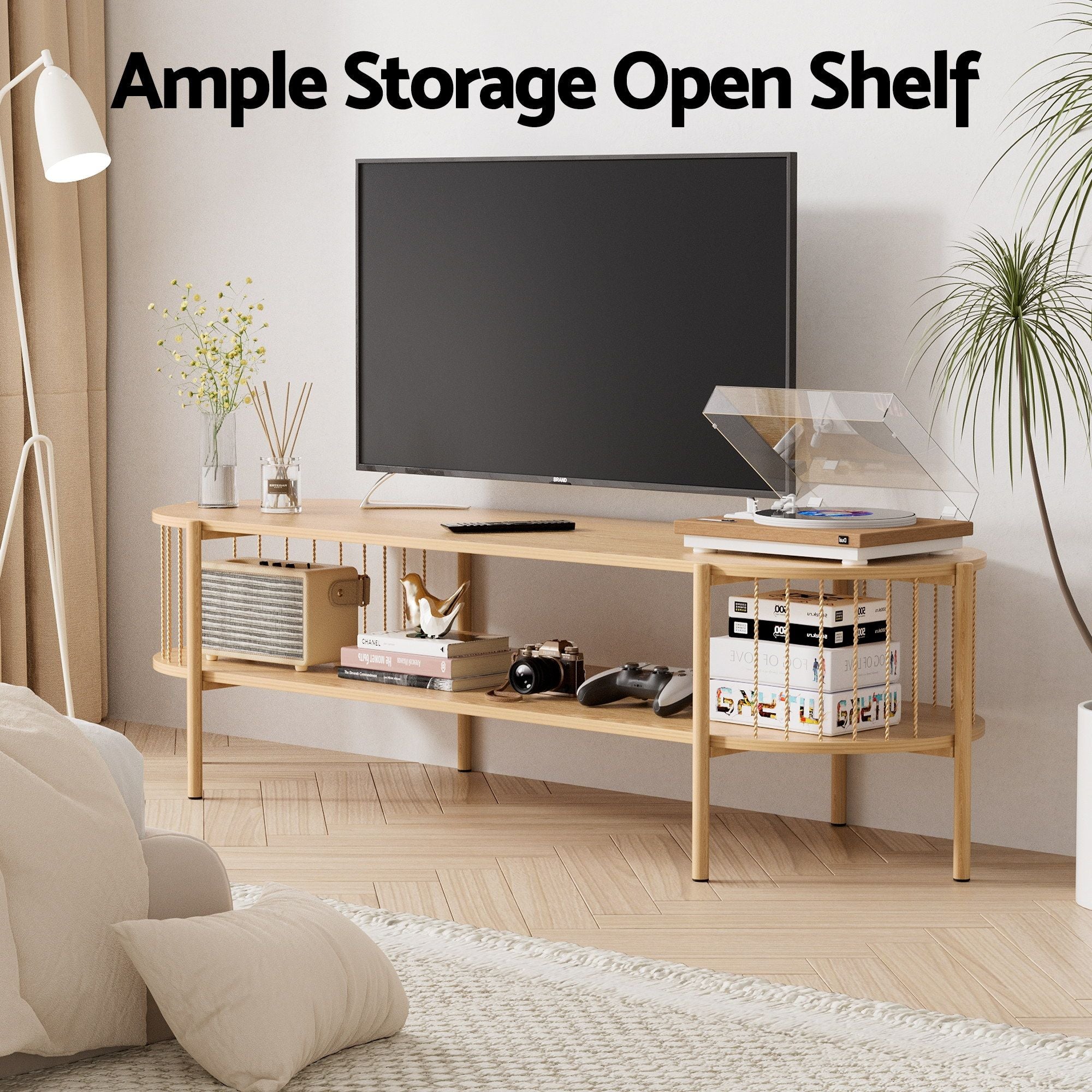 TV Unit and Coffee Table Set with Storage Shelf - Pine