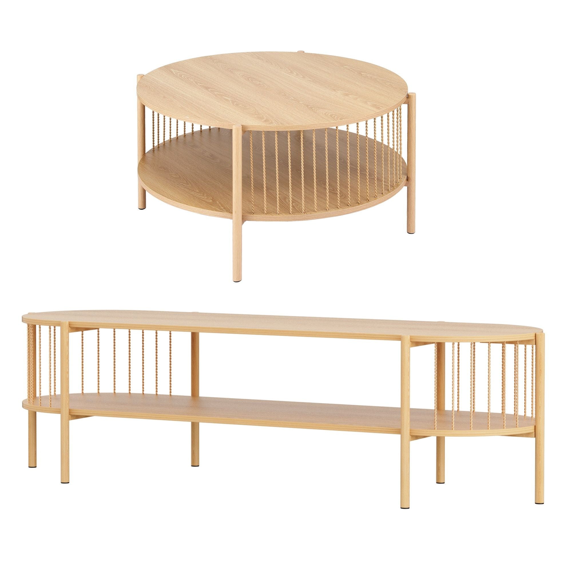 TV Unit and Coffee Table Set with Storage Shelf - Pine