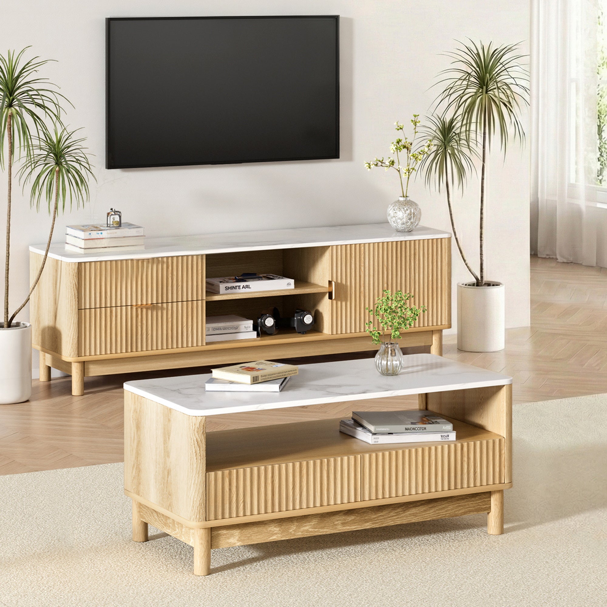TV Unit and Coffee Table Set with Storage Drawers - Pine