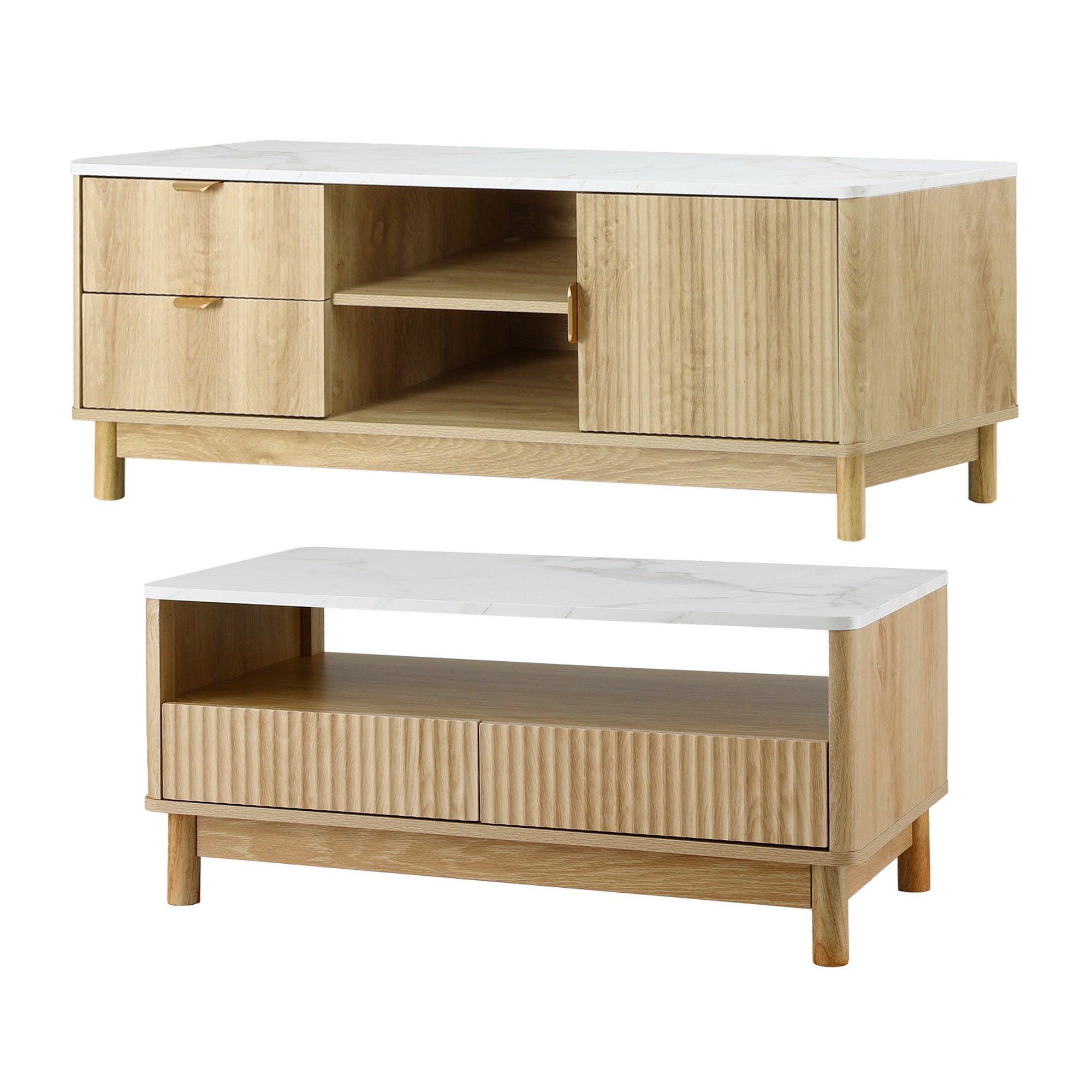 TV Unit and Coffee Table Set with Storage Drawers - Pine