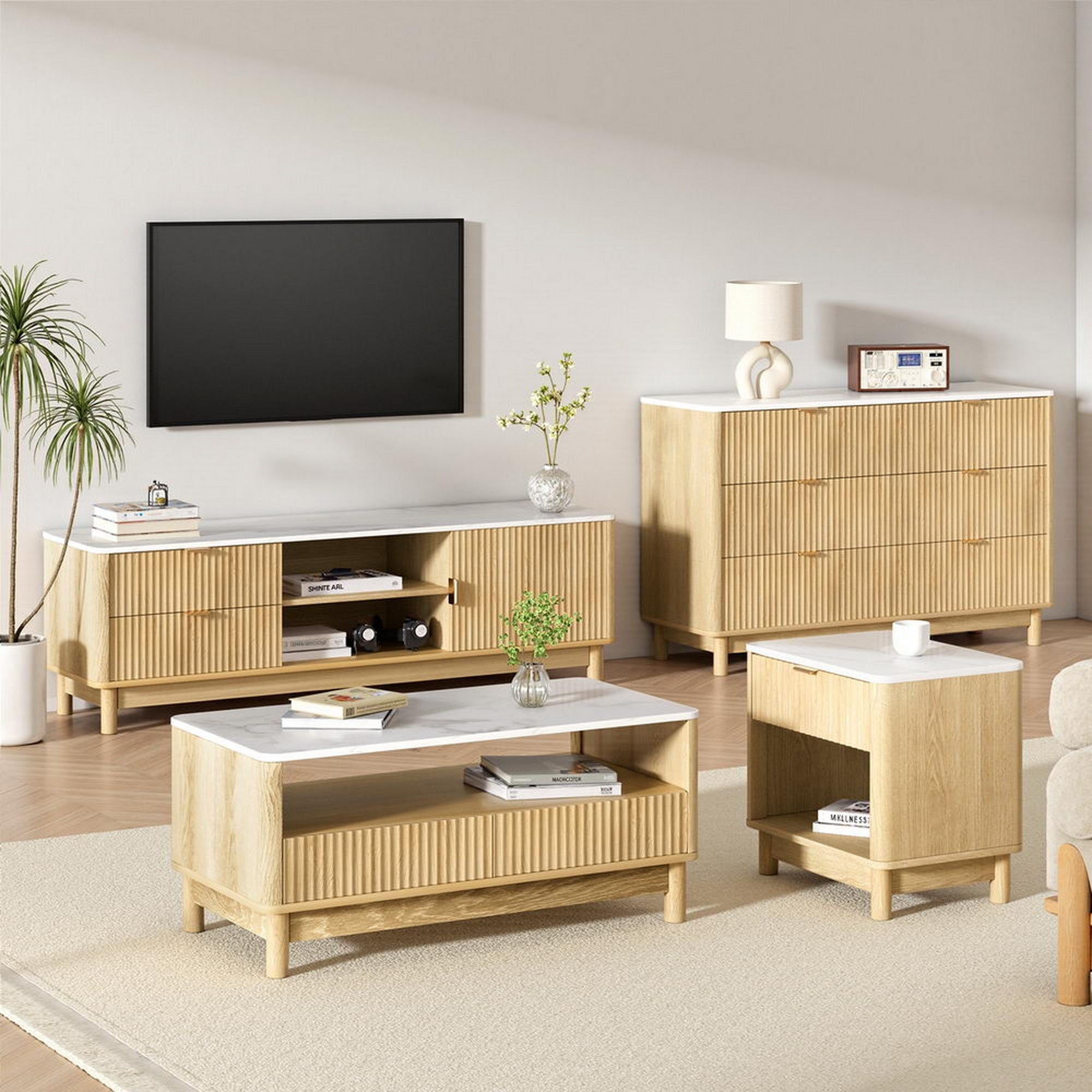 TV Unit and Coffee Table Set with Storage Drawers - Pine