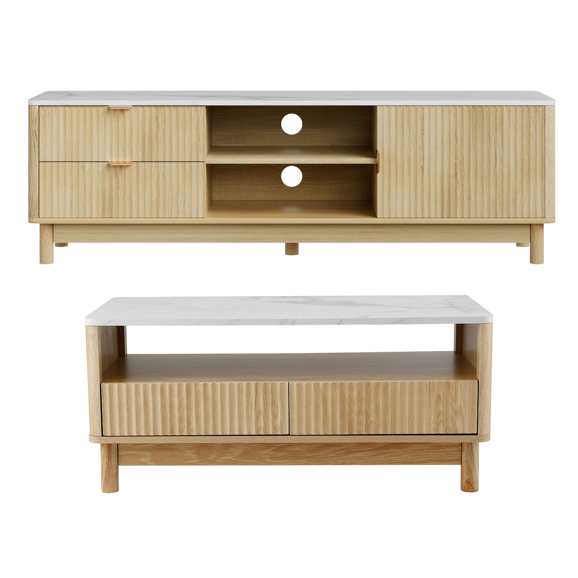 TV Unit and Coffee Table Set with Storage Drawers - Pine