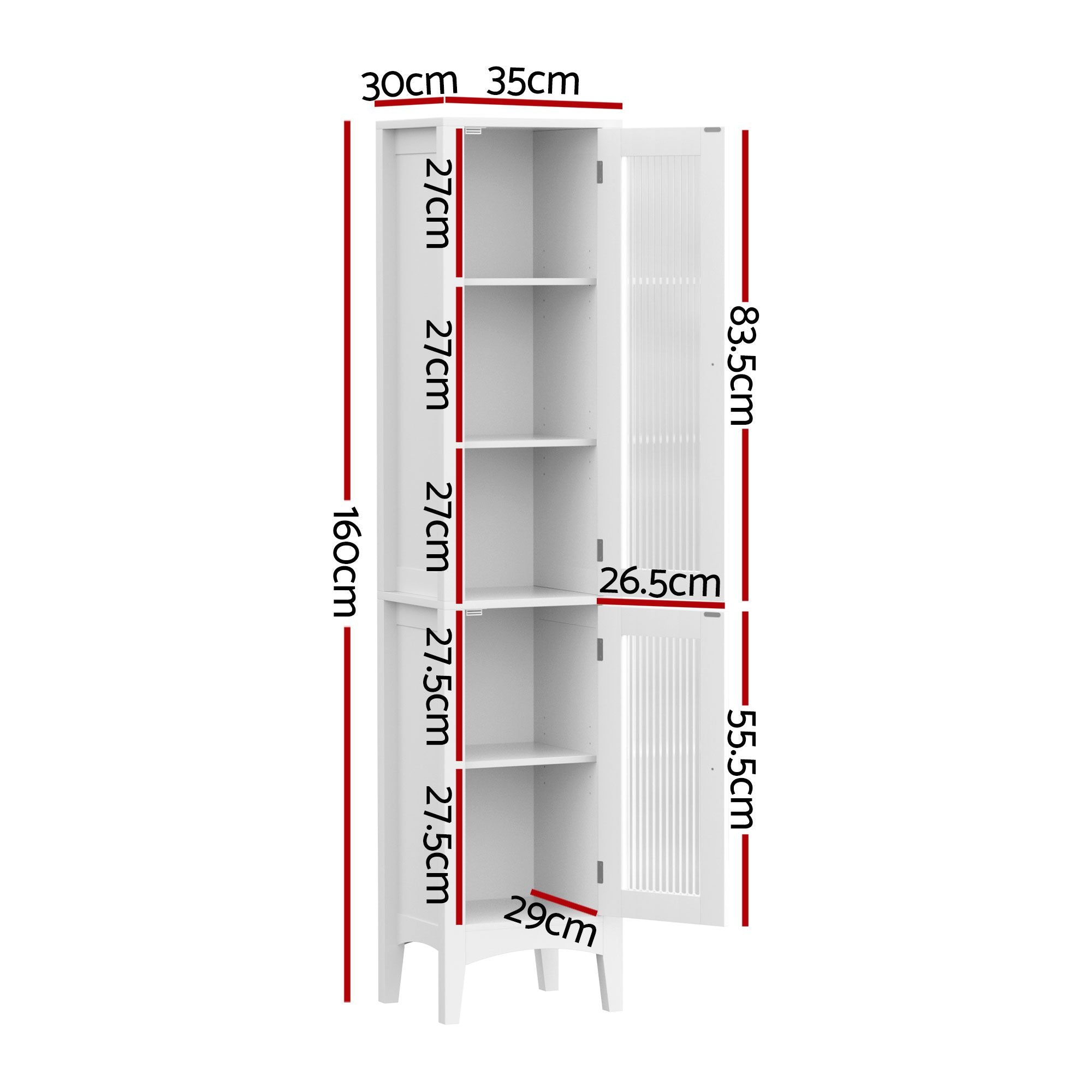 2X Bathroom Storage Cabinet 160cm Tall Slim Floor Cupboard Toilet Glass Door White