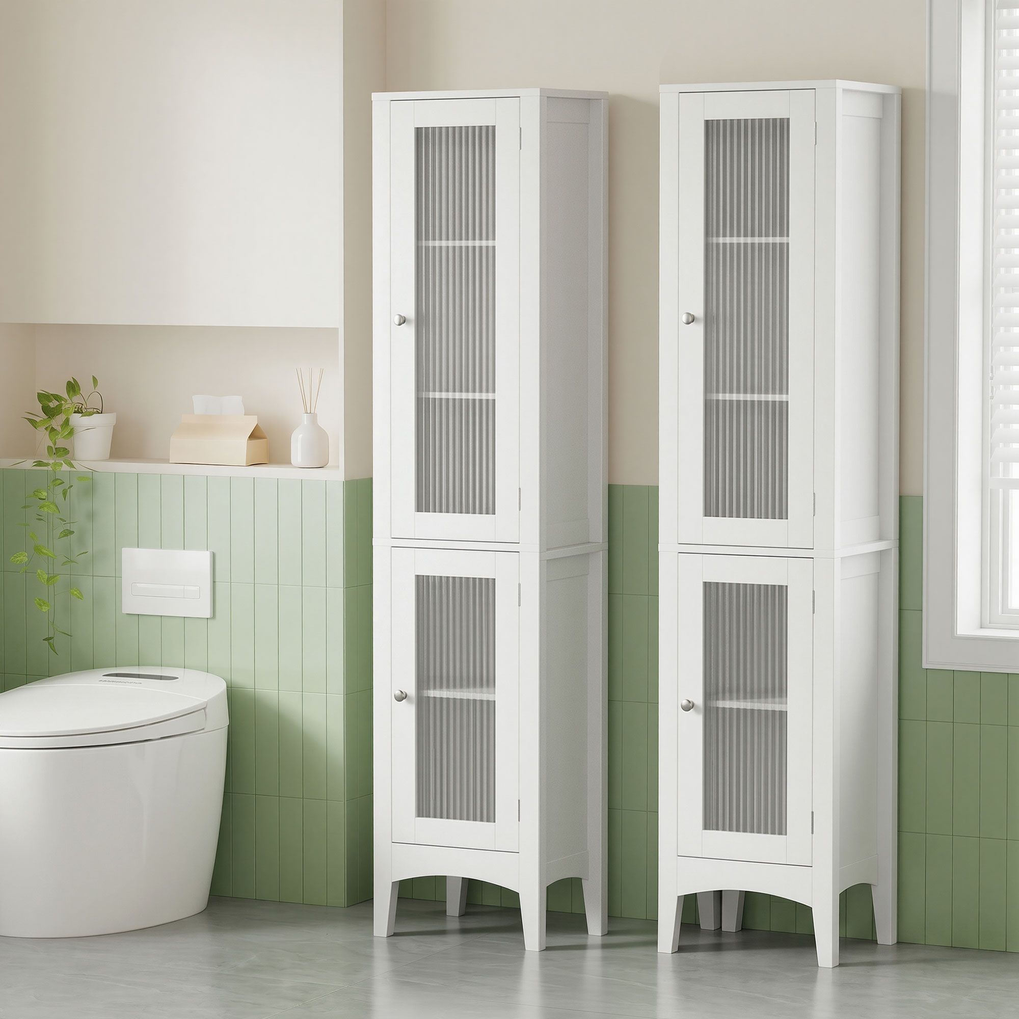 2X Bathroom Storage Cabinet 160cm Tall Slim Floor Cupboard Toilet Glass Door White