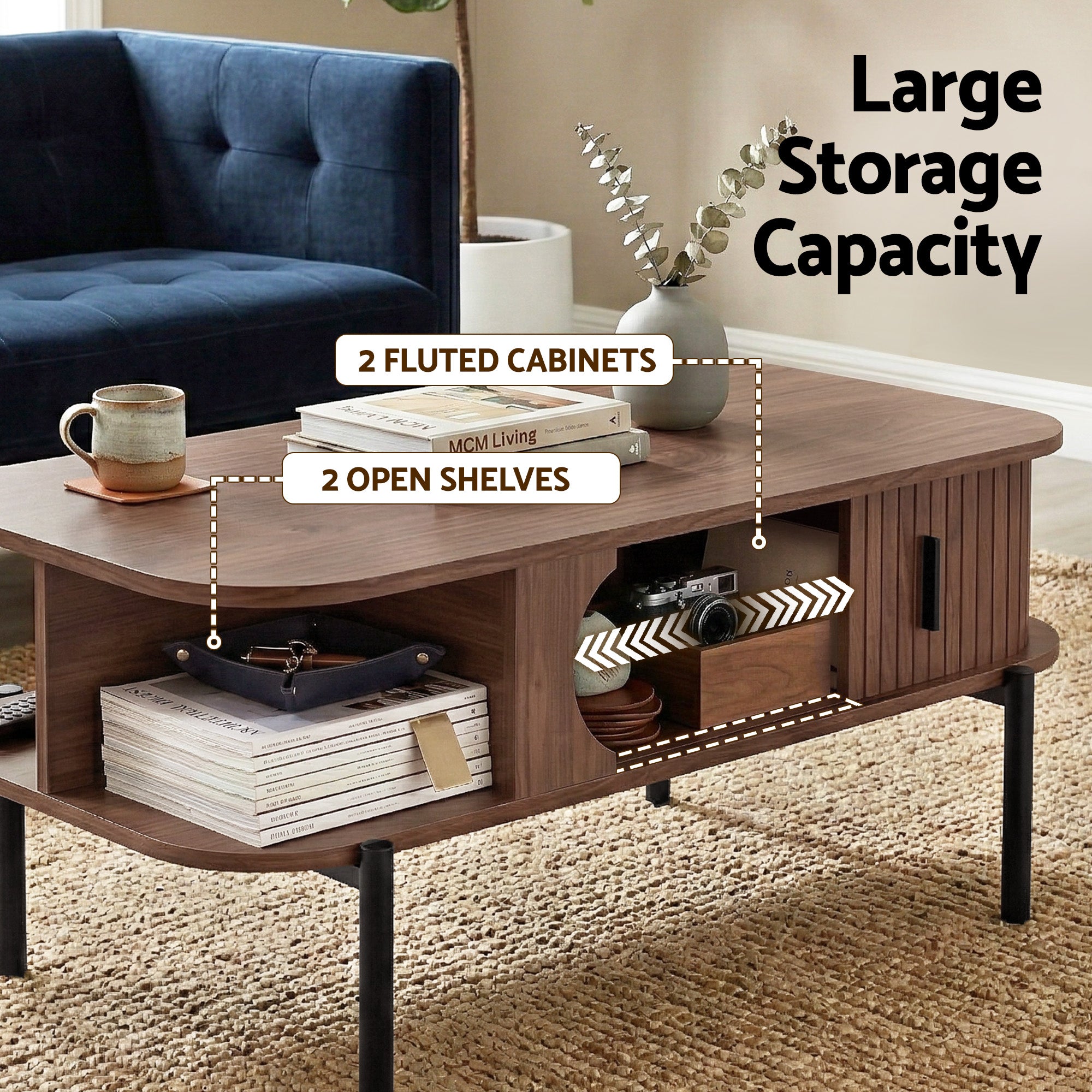Walnut Coffee Table with Shelf and Cabinet - Living Room Center Table