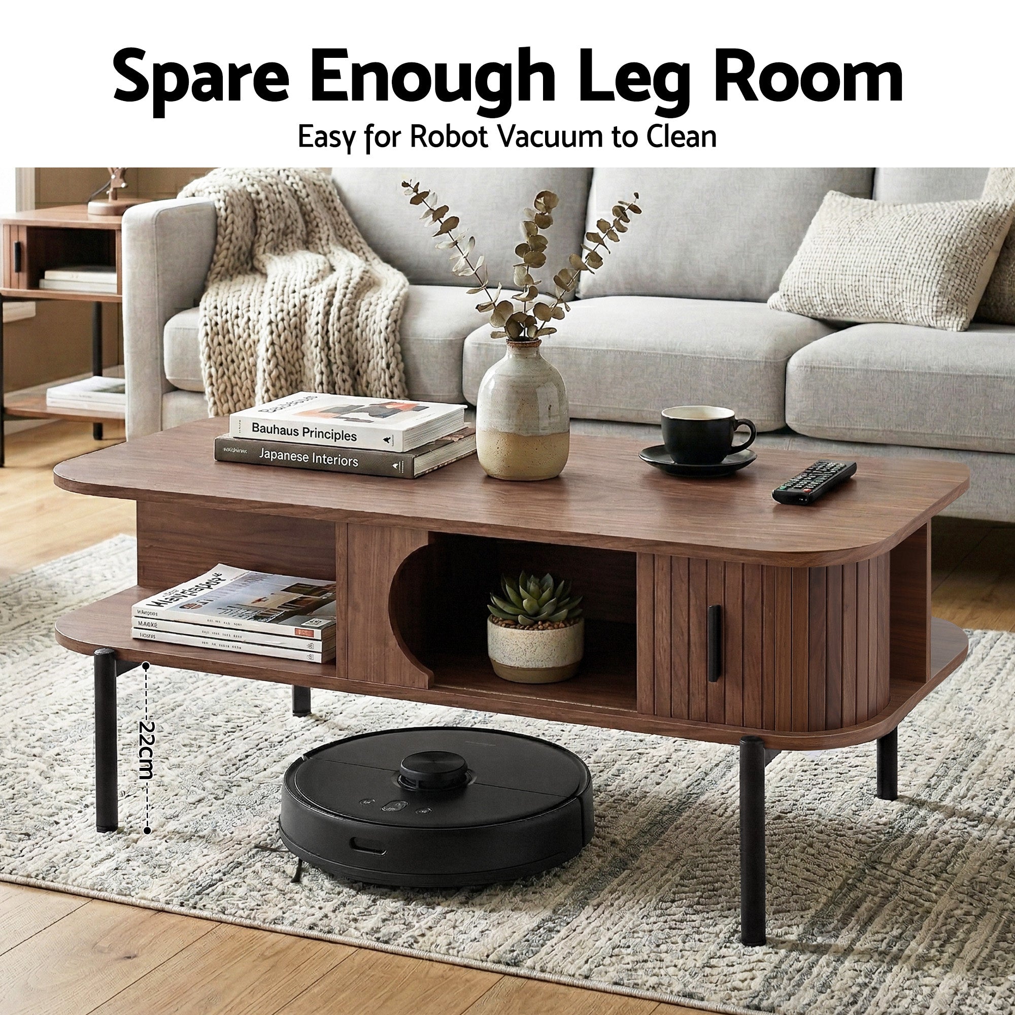 Walnut Coffee Table with Shelf and Cabinet - Living Room Center Table