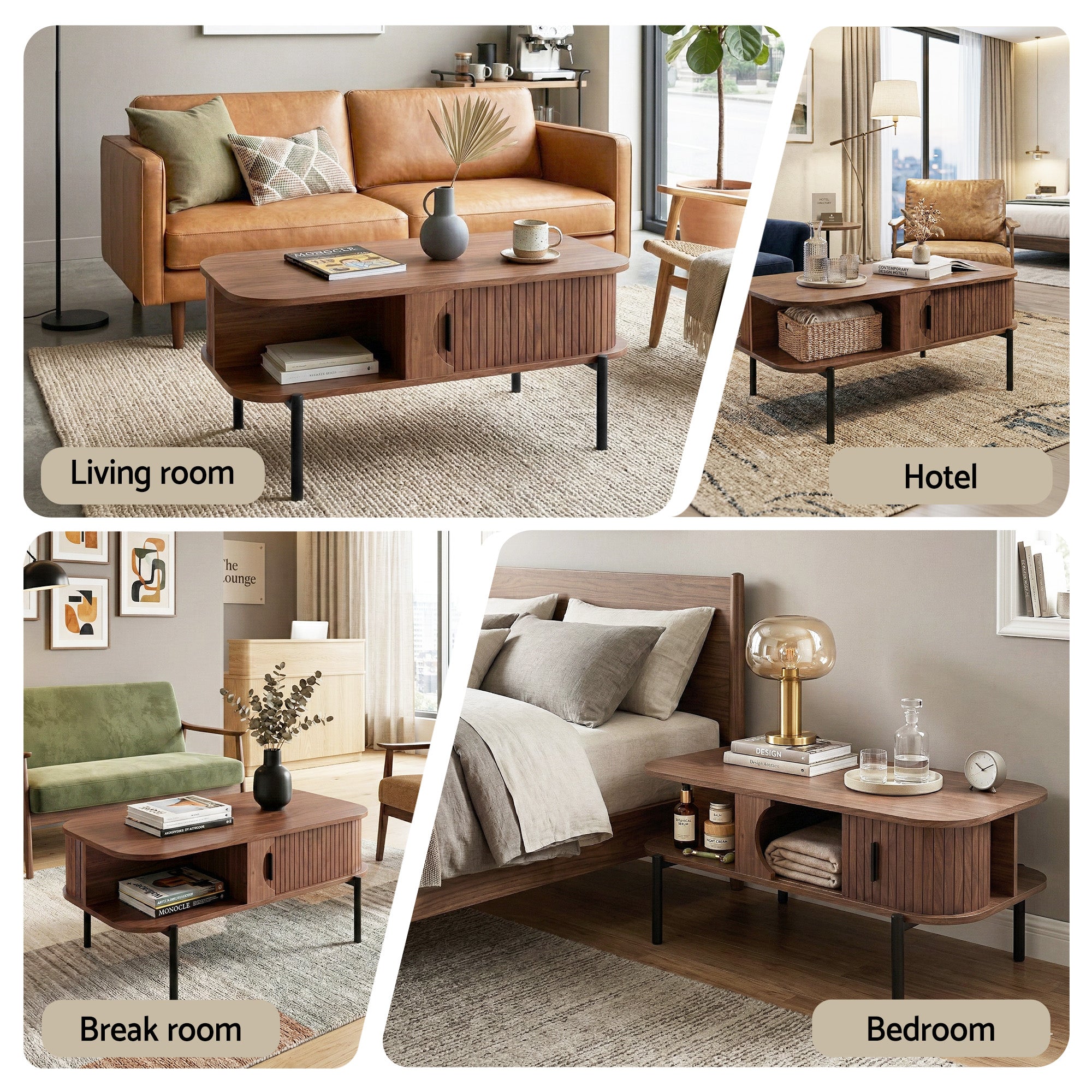 Walnut Coffee Table with Shelf and Cabinet - Living Room Center Table