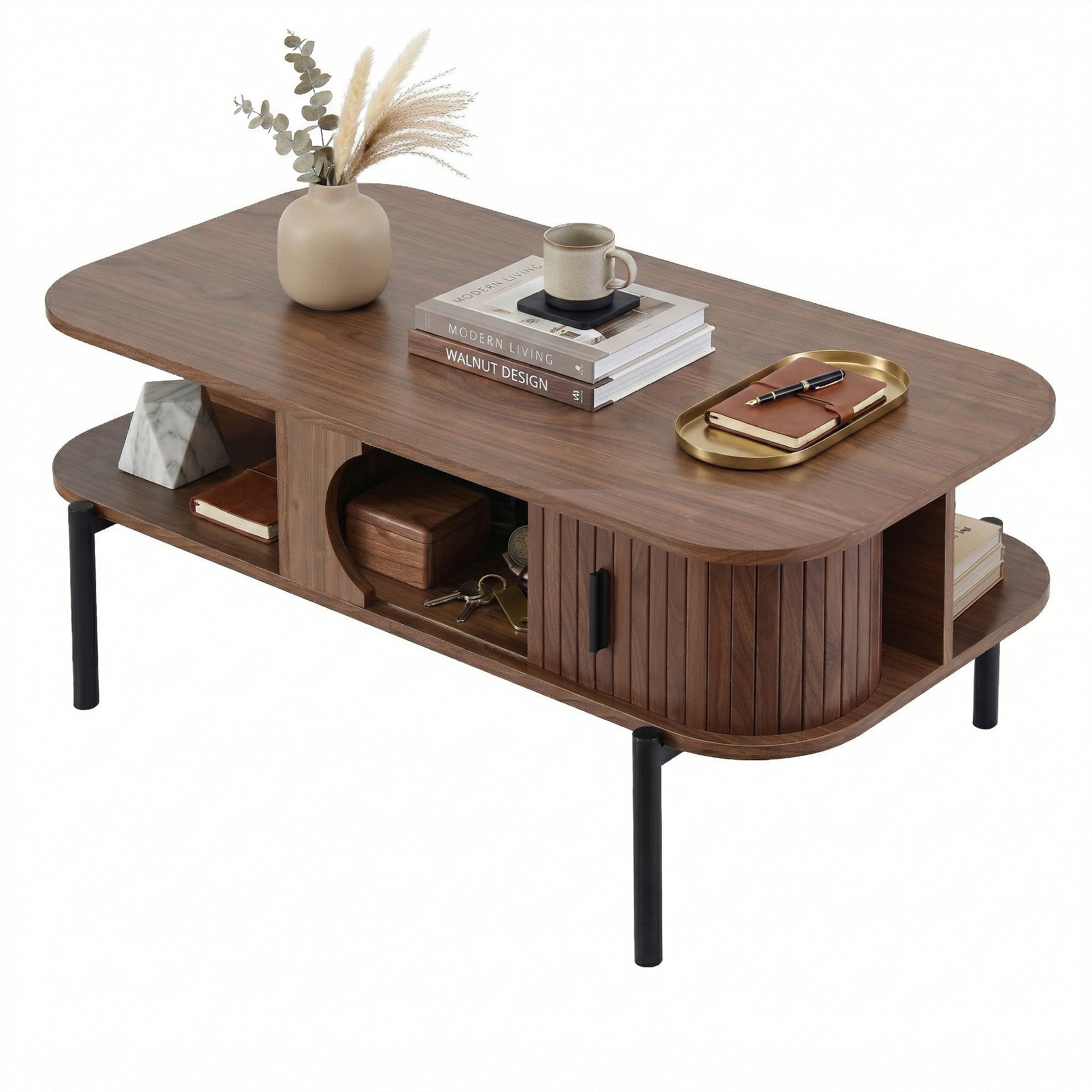 Walnut Coffee Table with Shelf and Cabinet - Living Room Center Table
