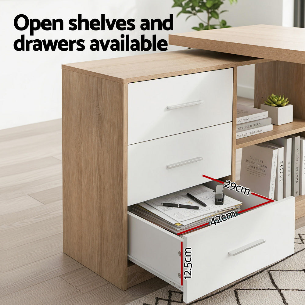 Computer Desk Swivelling L shape Home Office Storage Cabinet Oak