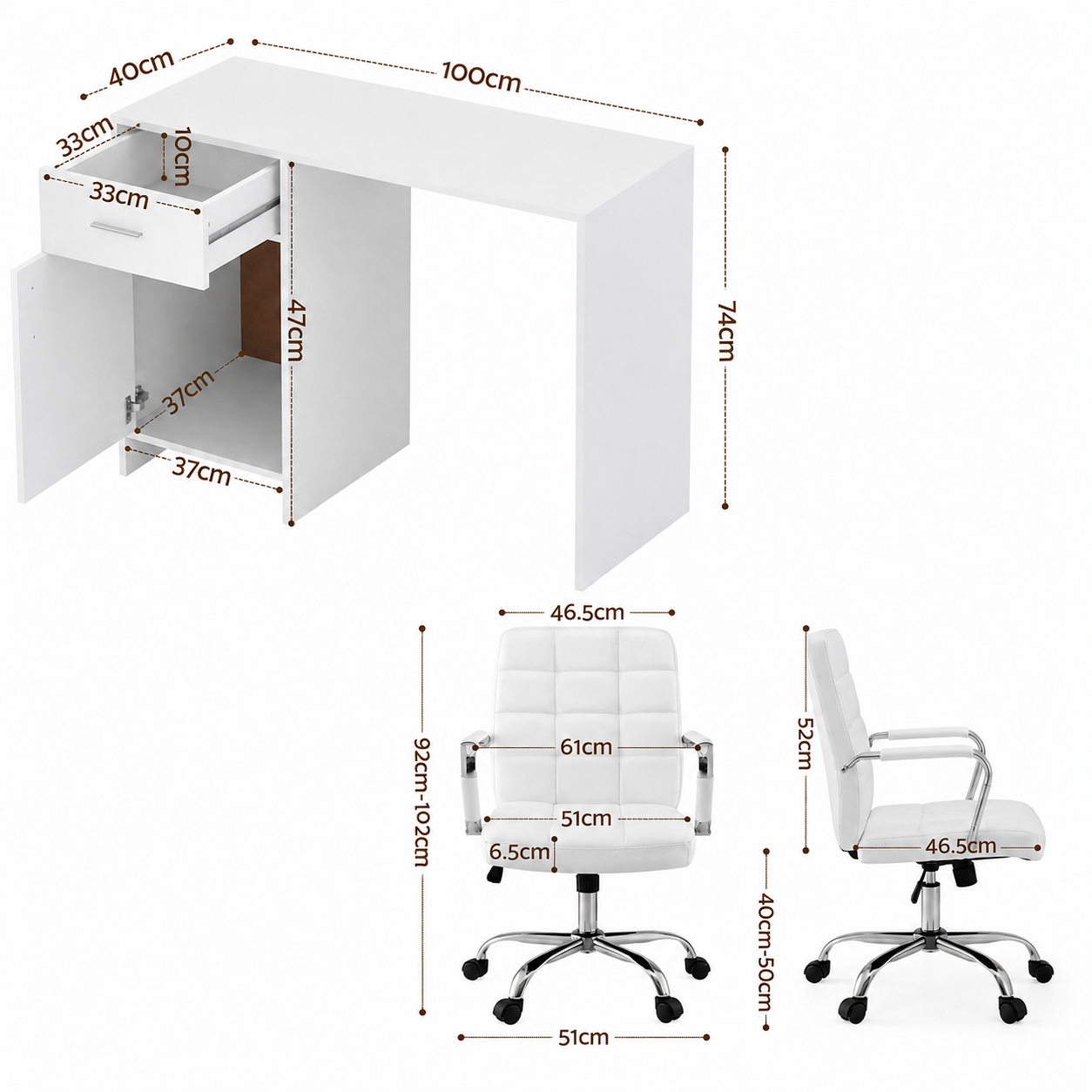 Office Desk and Adjustable PU Leather Chair Set 100cm - White