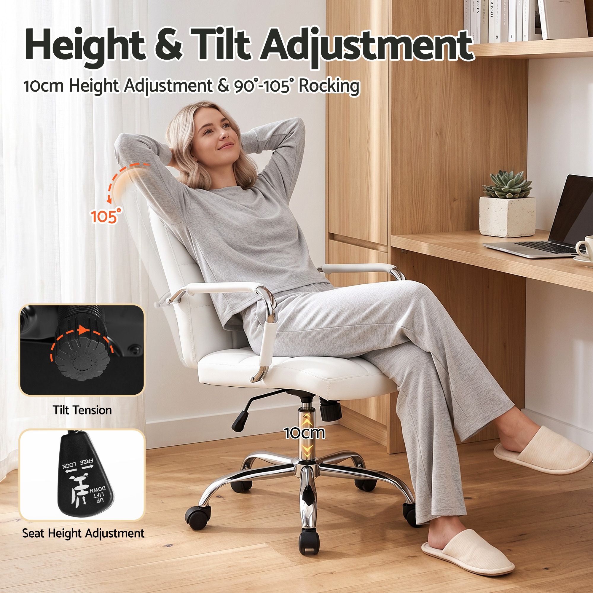 Office Desk and Adjustable PU Leather Chair Set 100cm - White